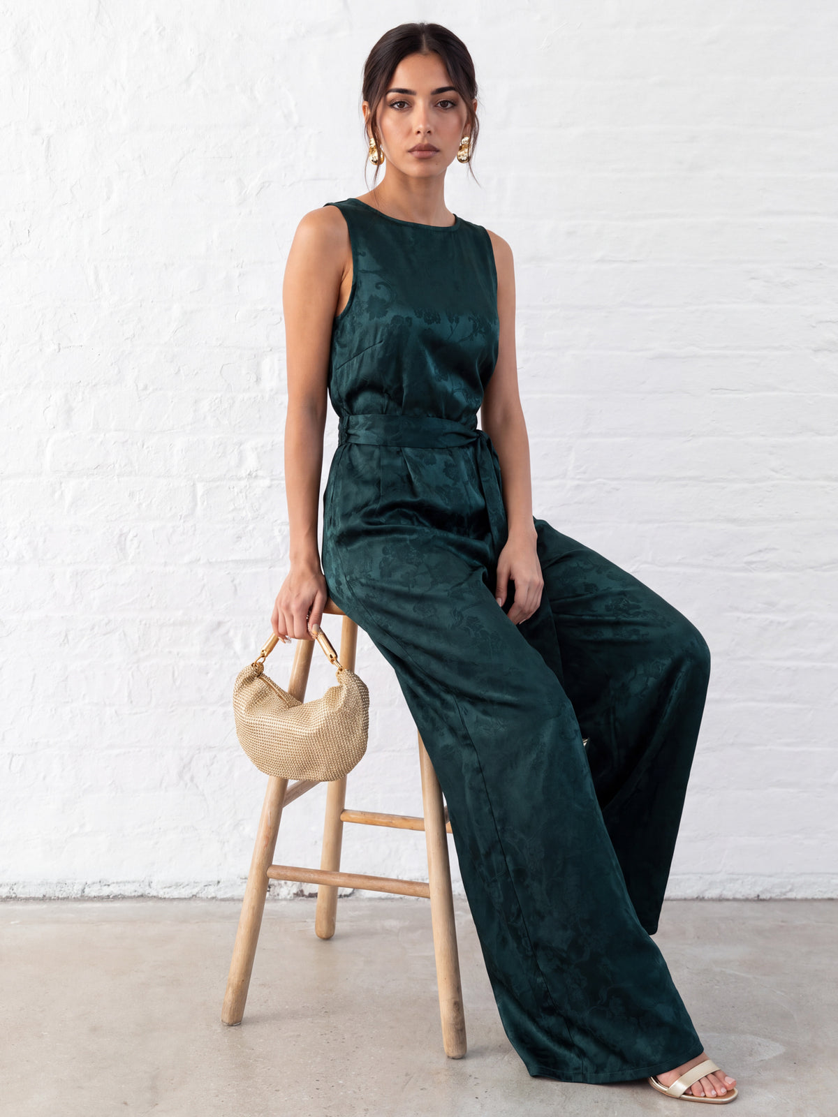 Lovedrobe Teal Stain Floral Jacquard V Back Wide Leg Jumpsuit