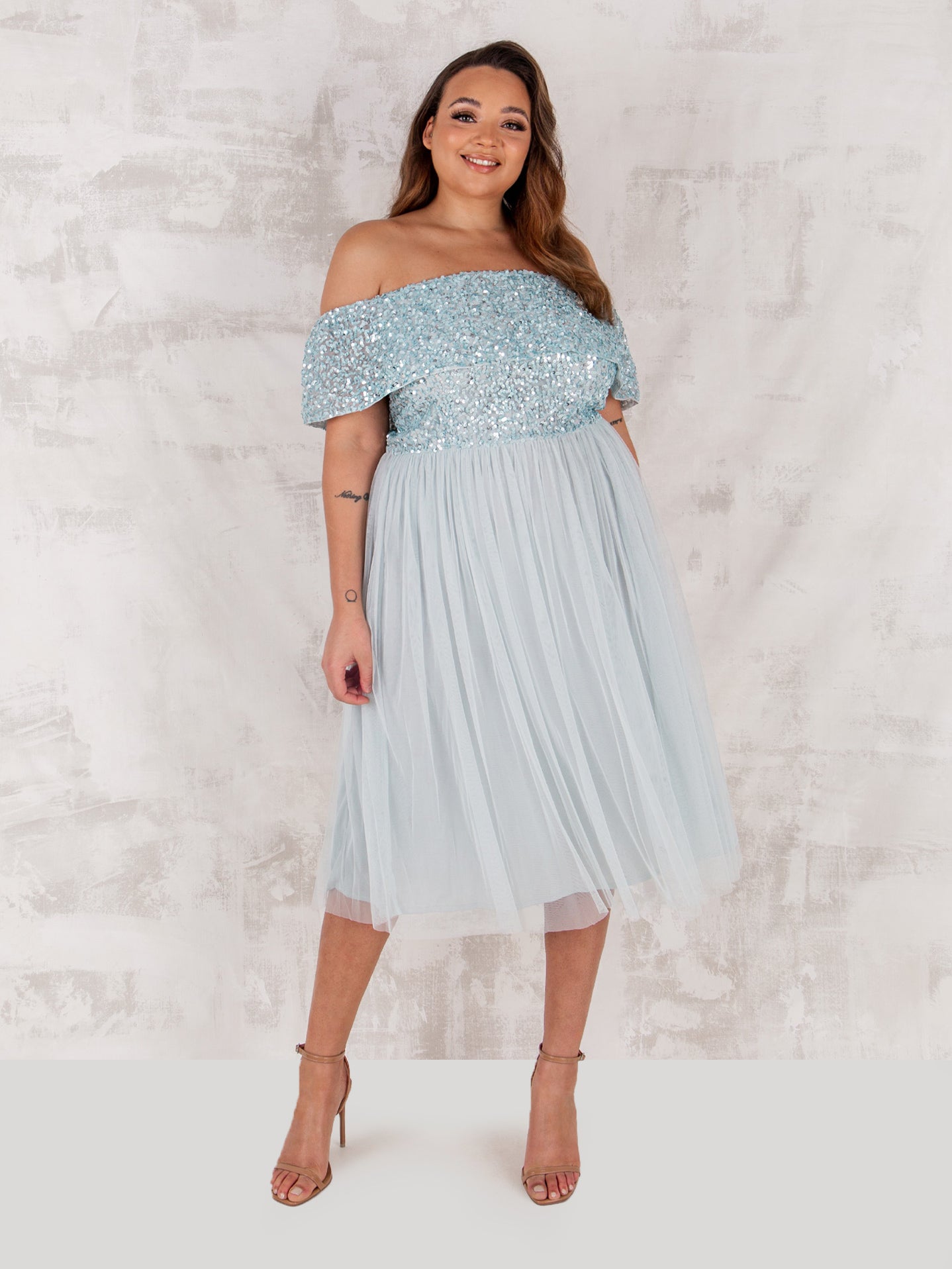 Maya Ice Blue Bardot Embellished Midi Dress