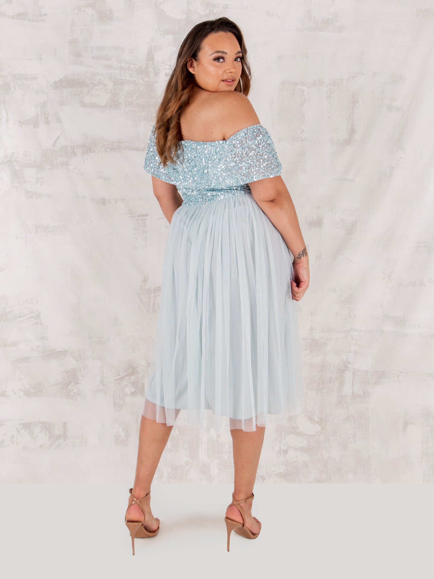 Maya Ice Blue Bardot Embellished Midi Dress