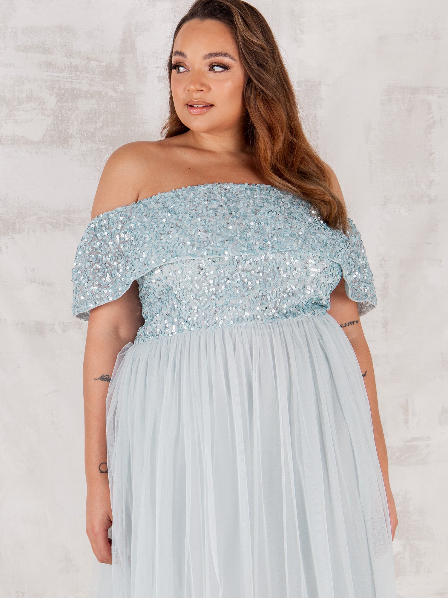 Maya Ice Blue Bardot Embellished Midi Dress