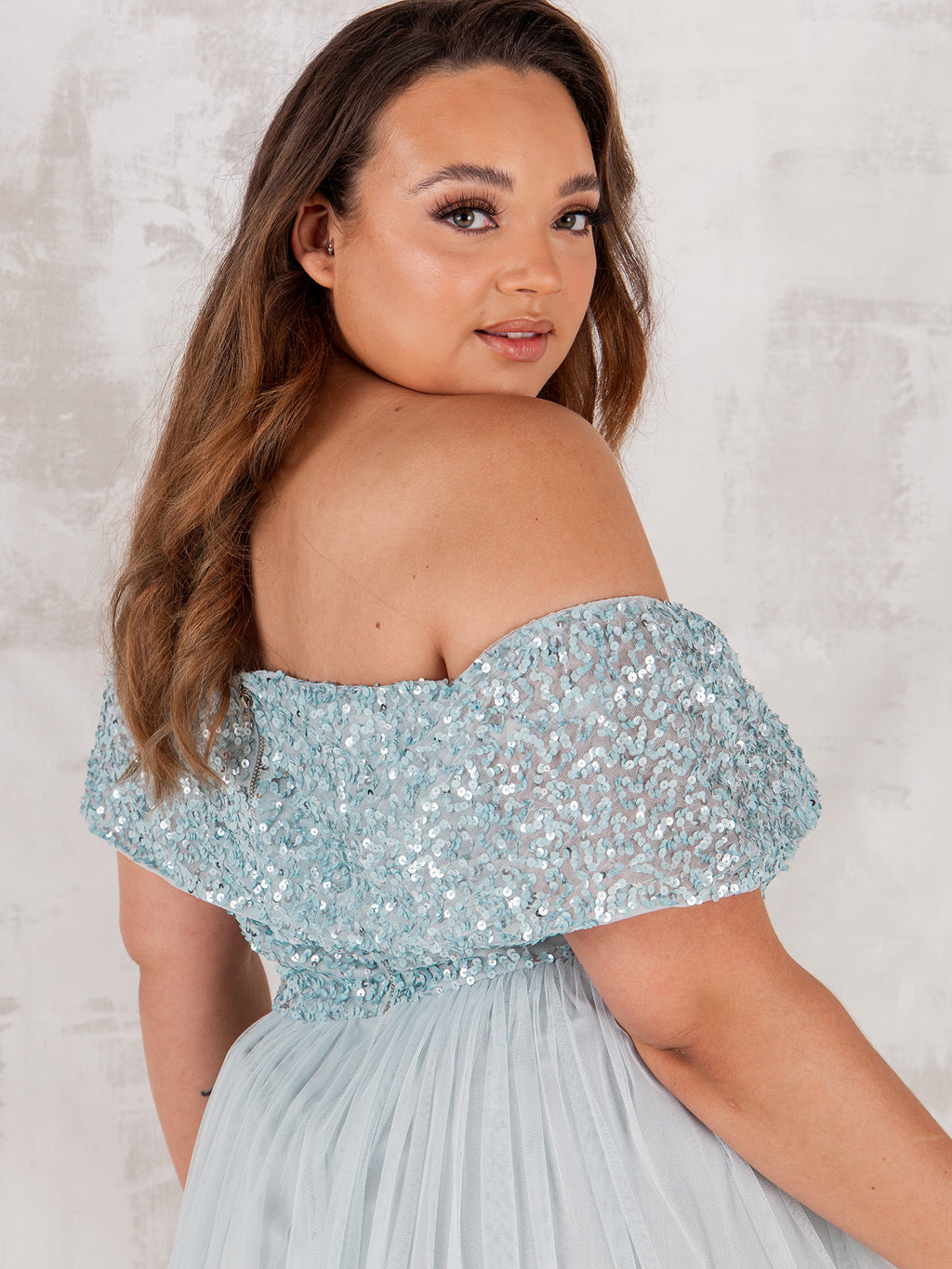 Maya Ice Blue Bardot Embellished Midi Dress