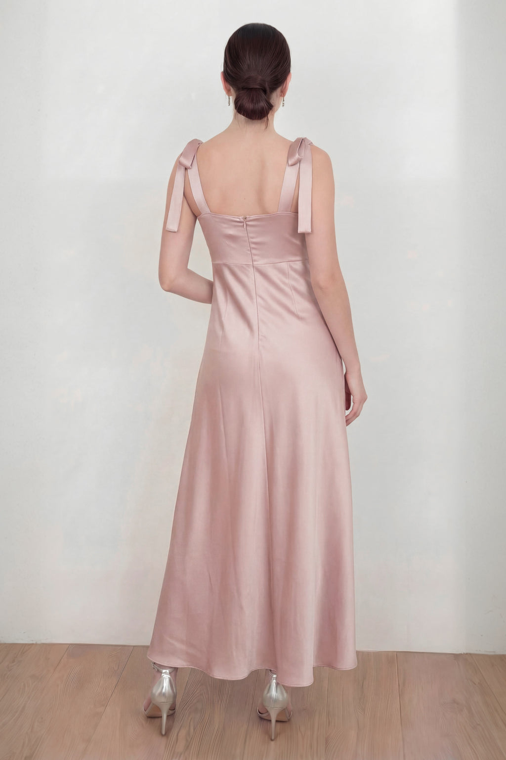 Maya Blush Tie-Shoulder Satin Maxi Dress