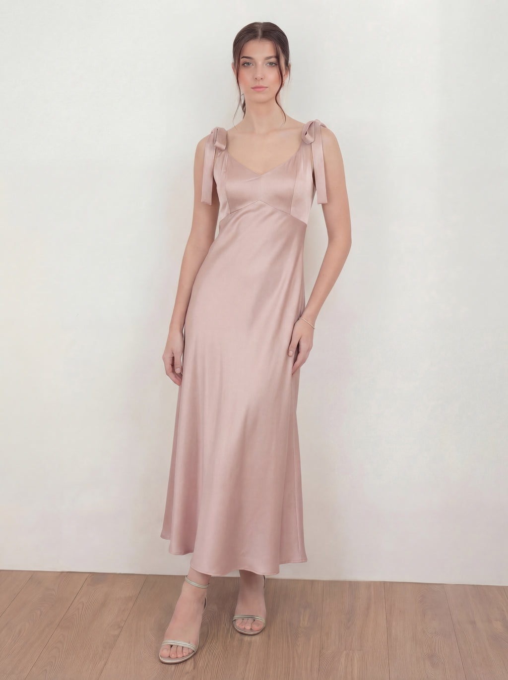 Maya Blush Tie-Shoulder Satin Maxi Dress