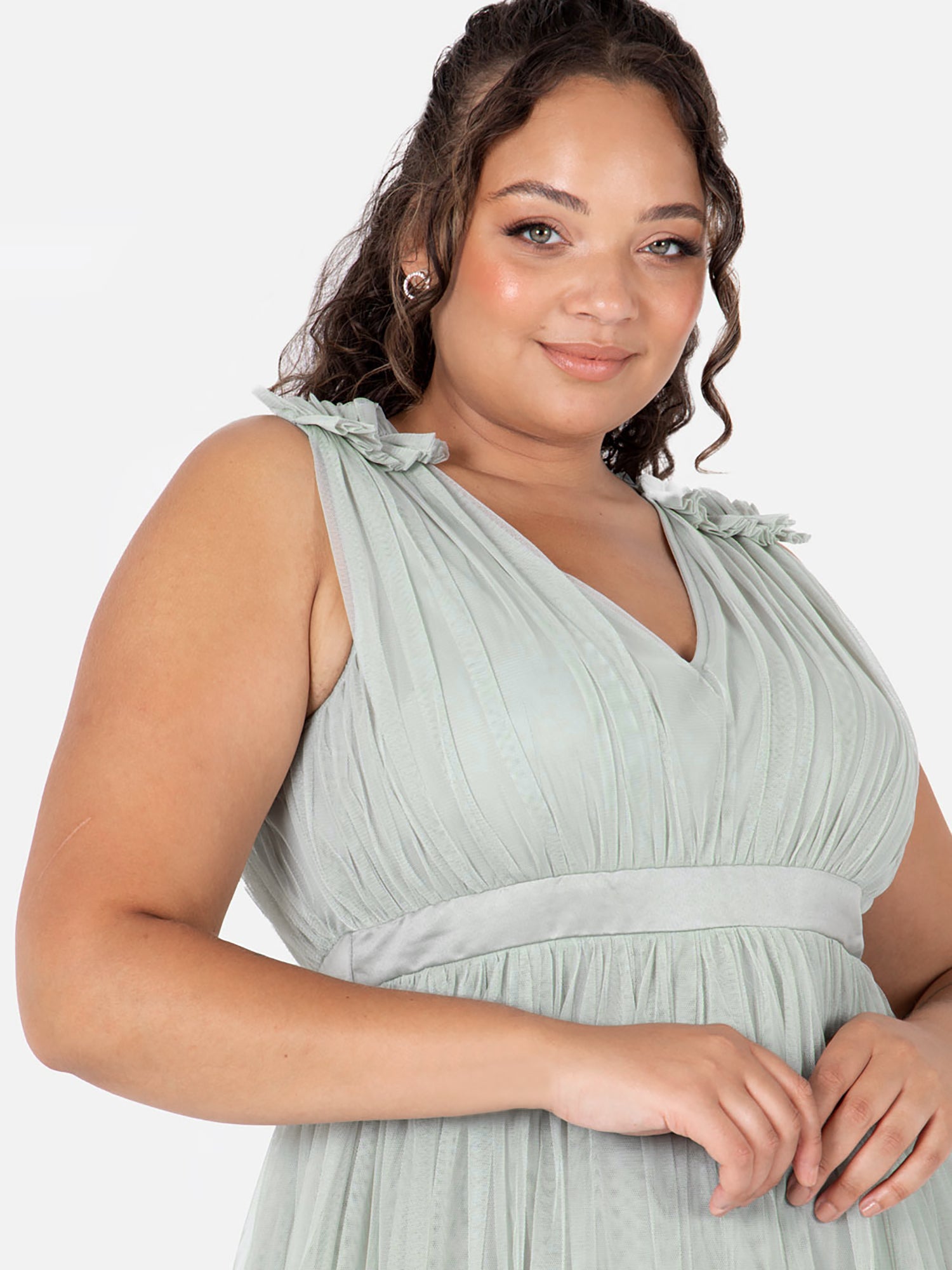 Maya Sage Green Maxi Dress with Ruffle Shoulder Detail