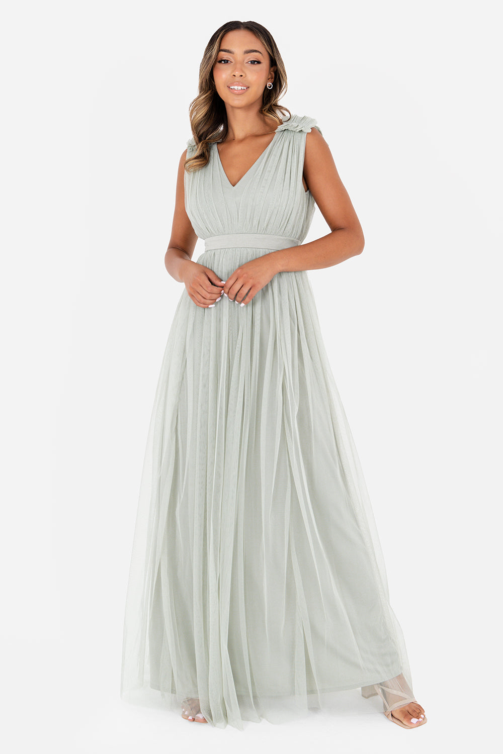 Maya Sage Green Maxi Dress with Ruffle Shoulder Detail
