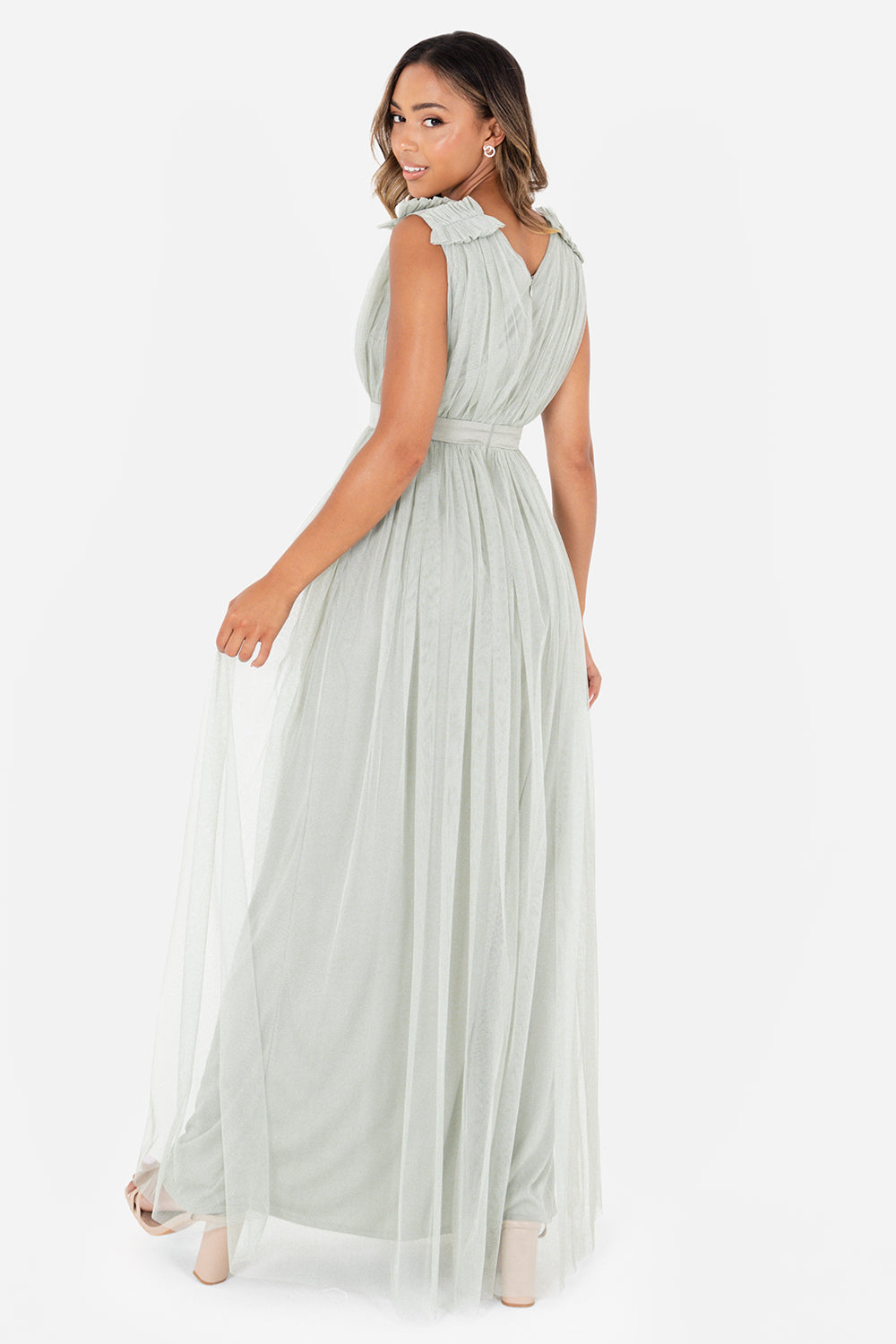 Maya Sage Green Maxi Dress with Ruffle Shoulder Detail