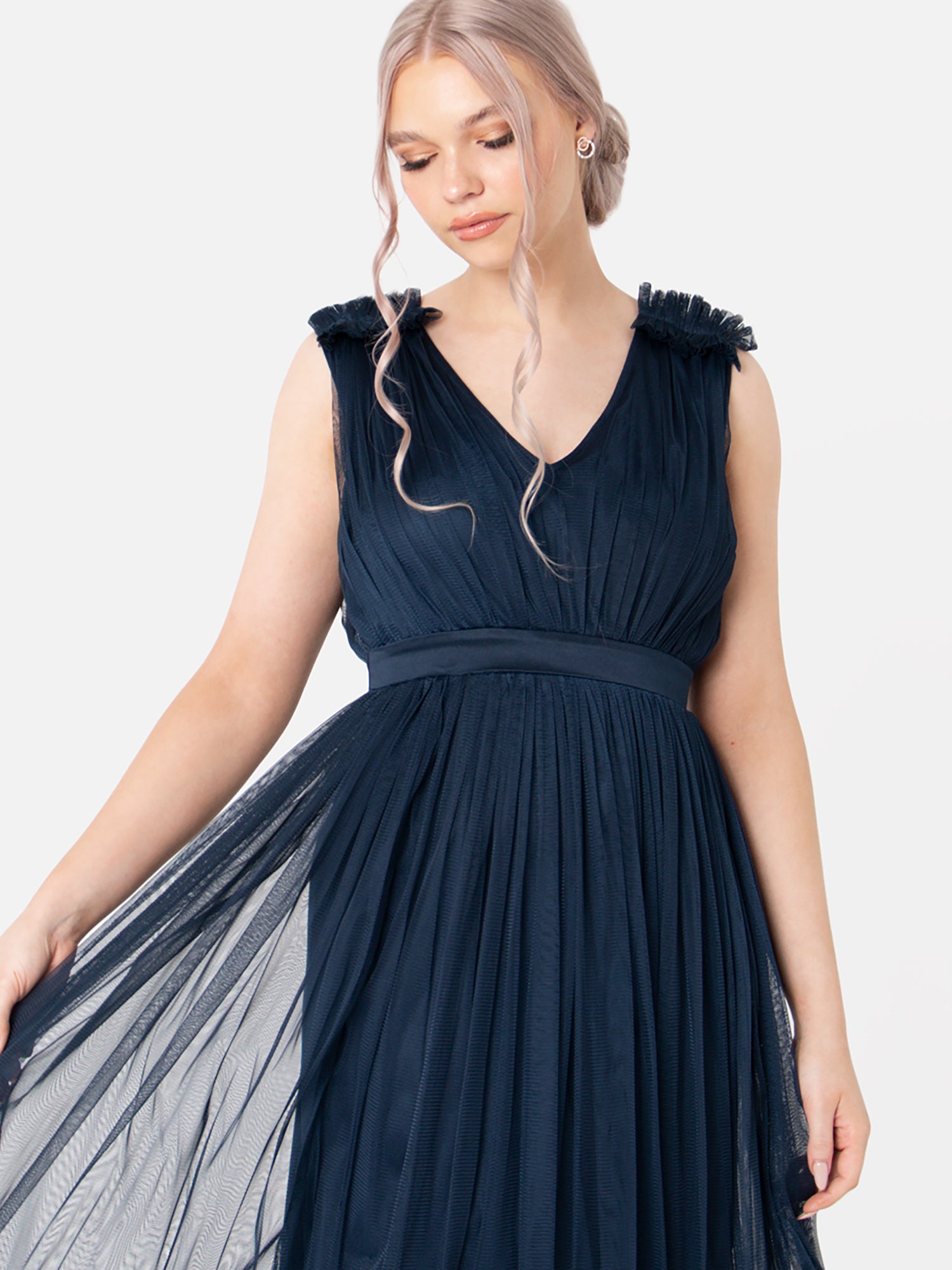 Maya Navy Maxi Dress With Ruffle Shoulder Detail