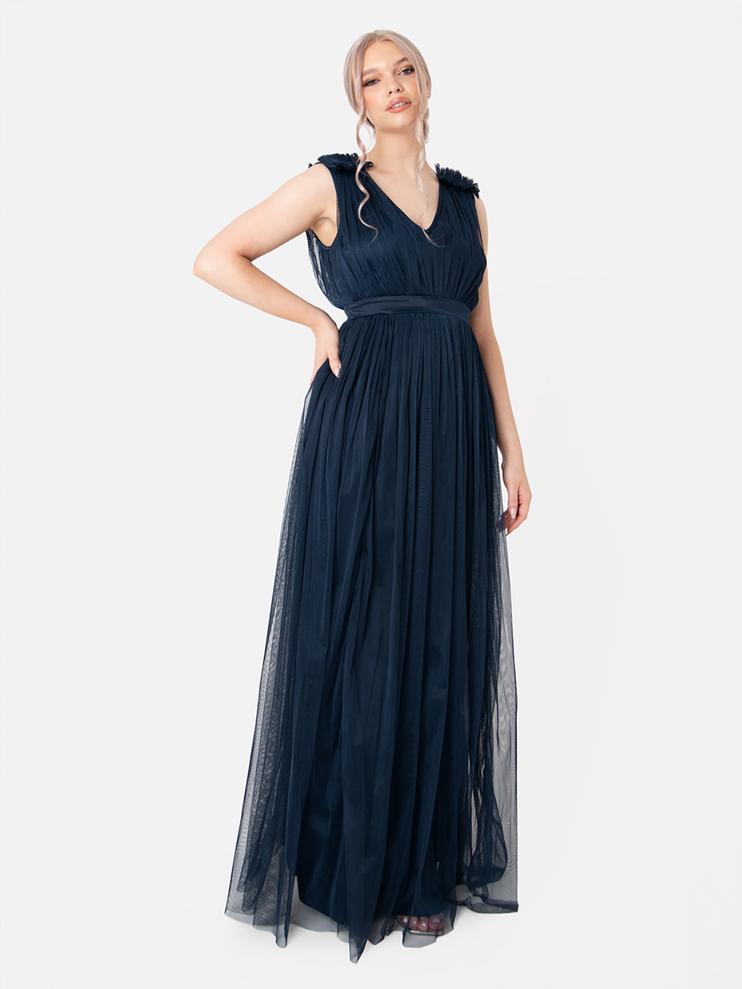 Maya Navy Maxi Dress With Ruffle Shoulder Detail