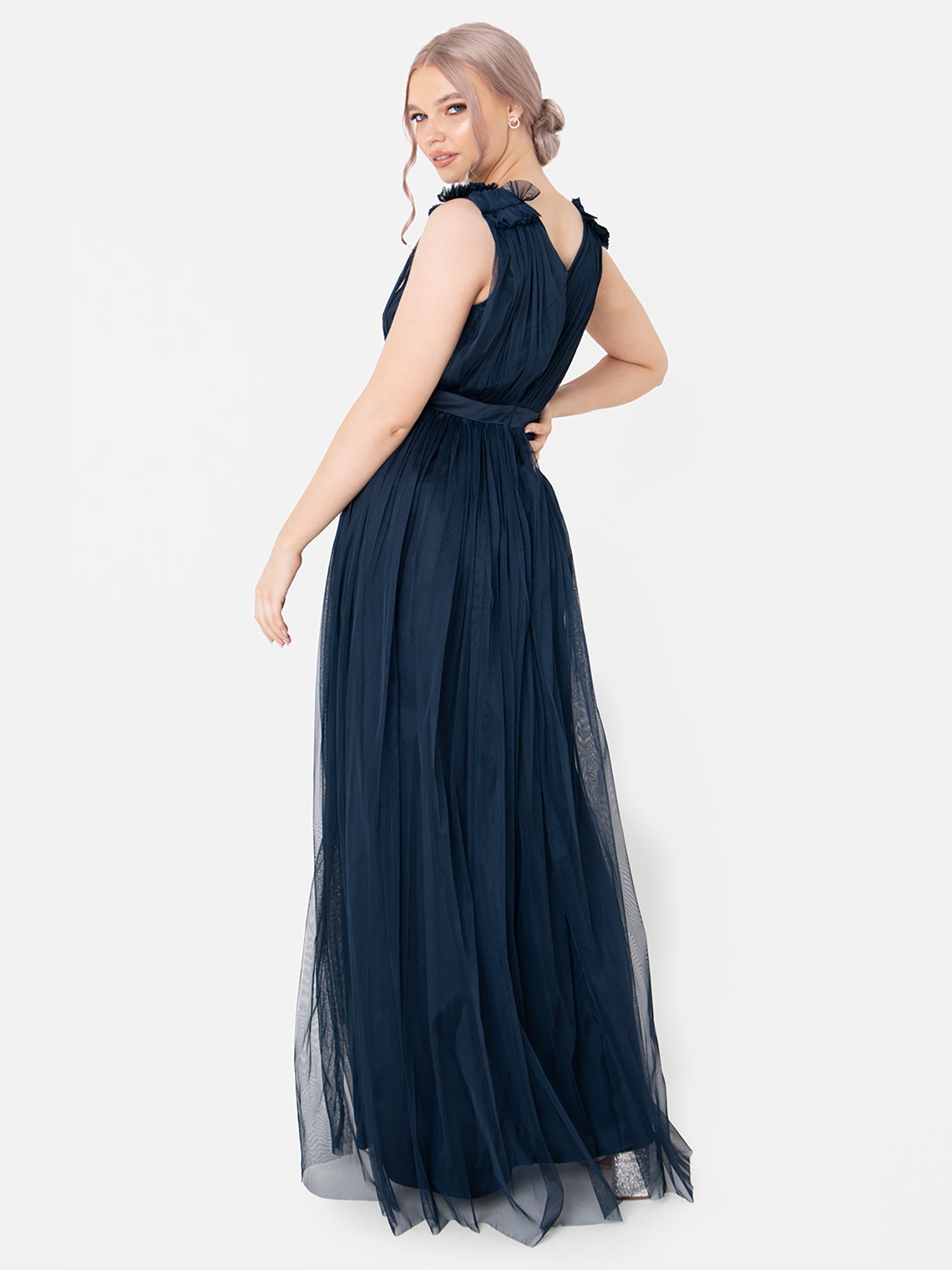 Maya Navy Maxi Dress With Ruffle Shoulder Detail