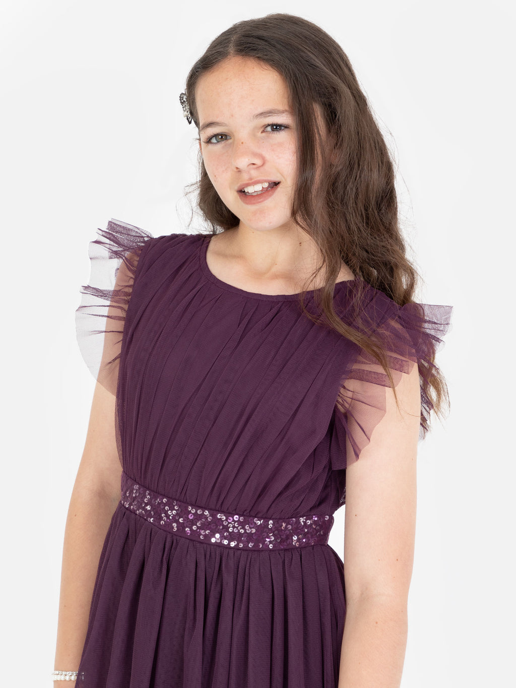 Mini Maya Berry Midi Dress with Frill Sleeves and Embellished Waist