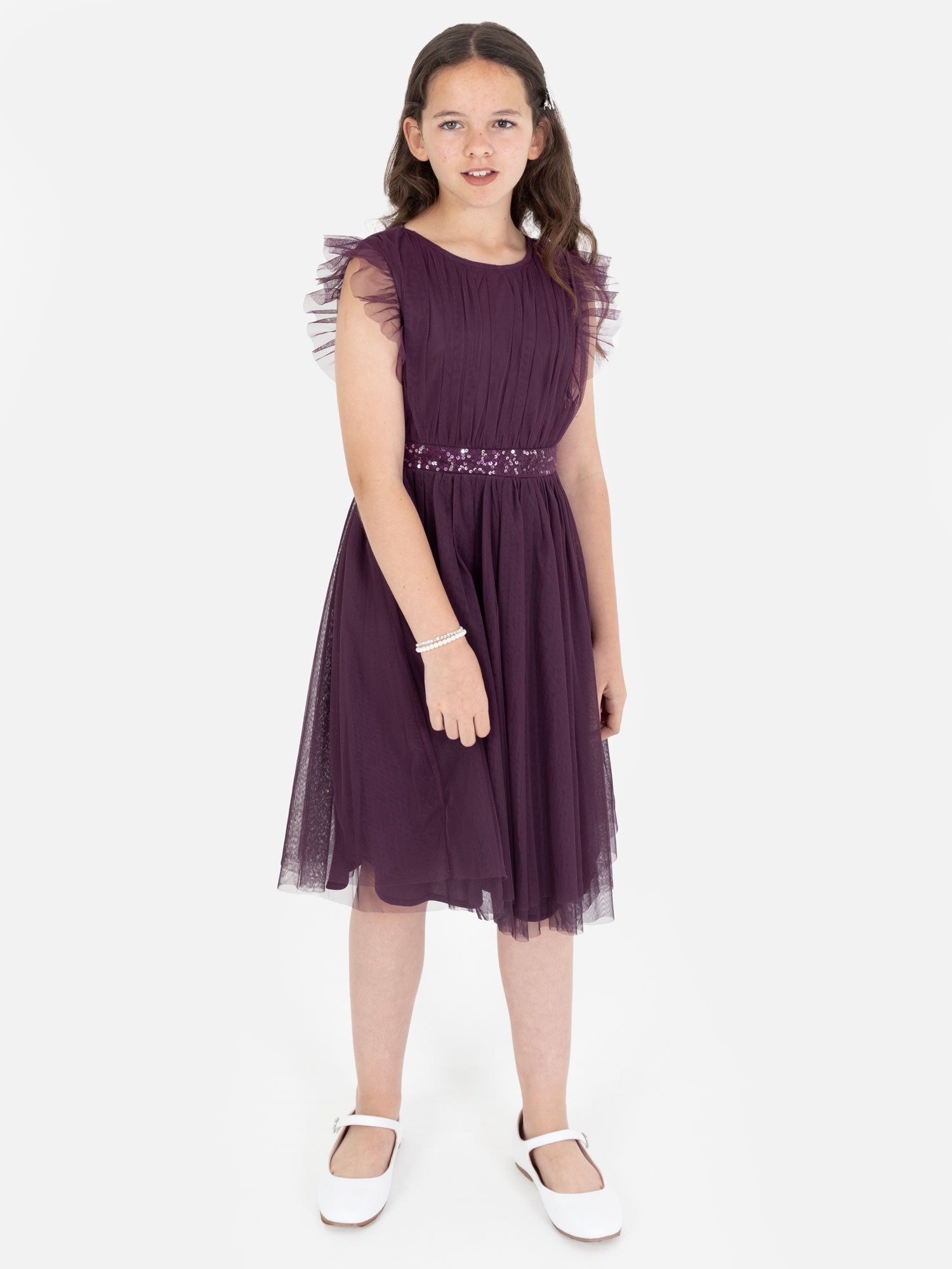 Mini Maya Berry Midi Dress with Frill Sleeves and Embellished Waist