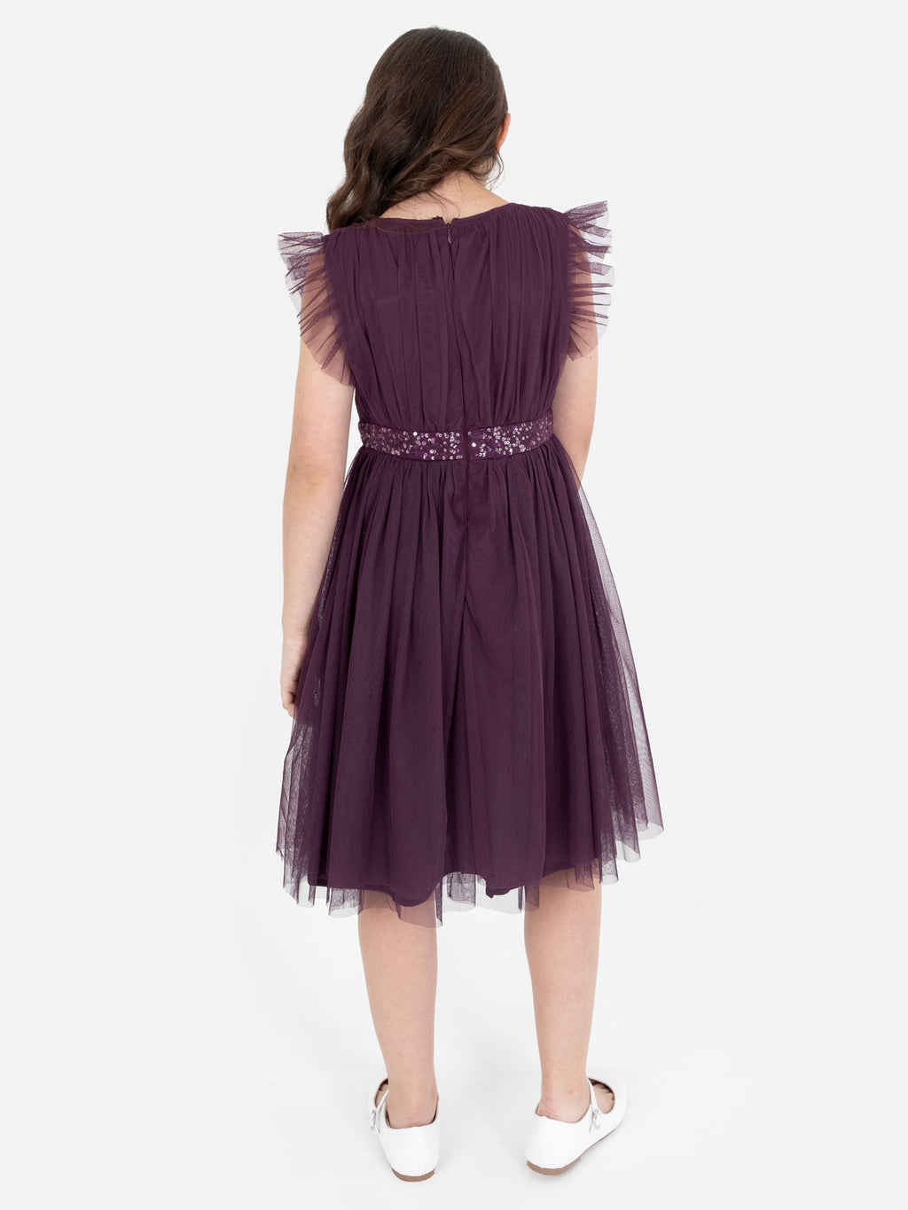 Mini Maya Berry Midi Dress with Frill Sleeves and Embellished Waist