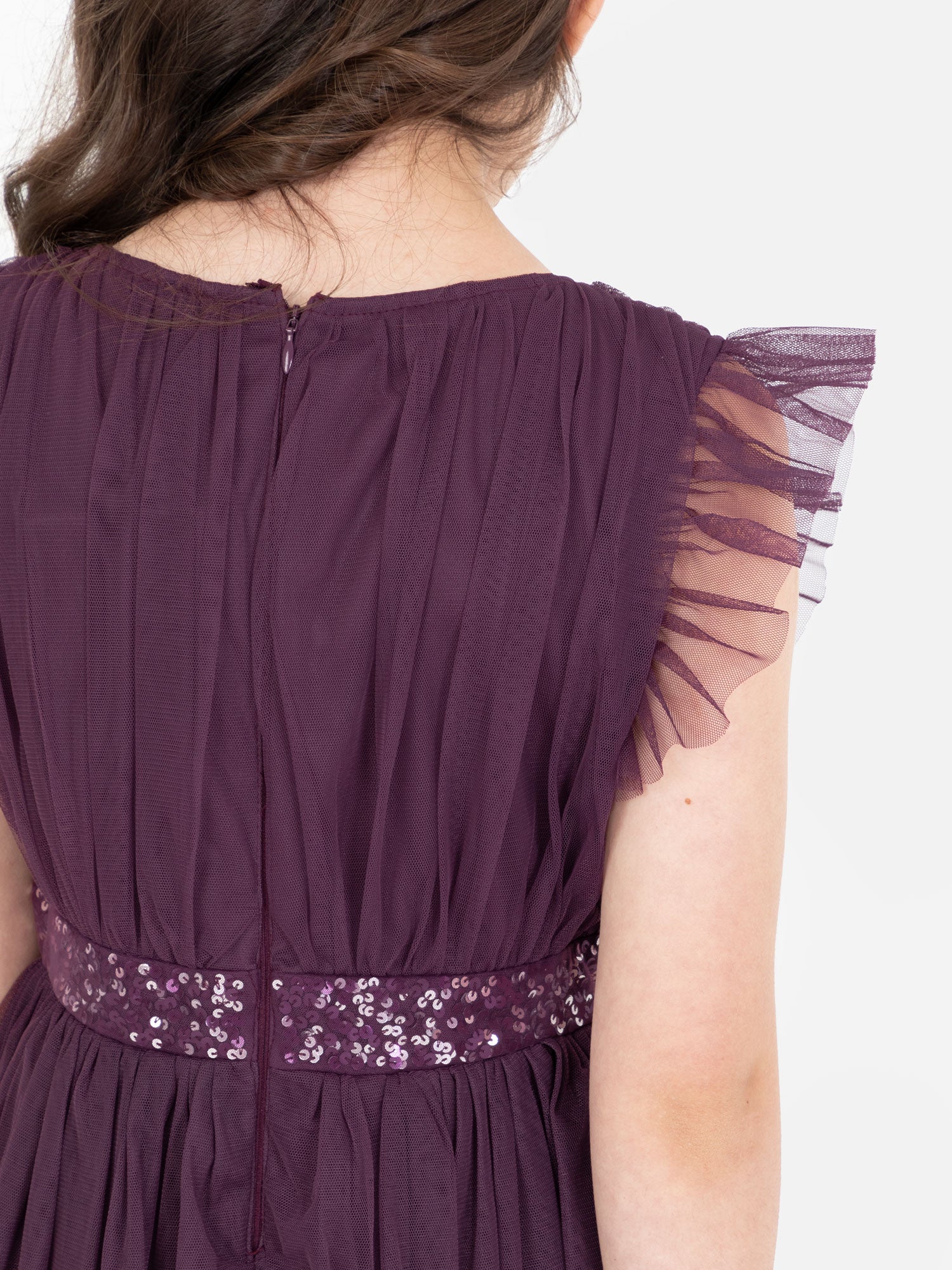 Mini Maya Berry Midi Dress with Frill Sleeves and Embellished Waist