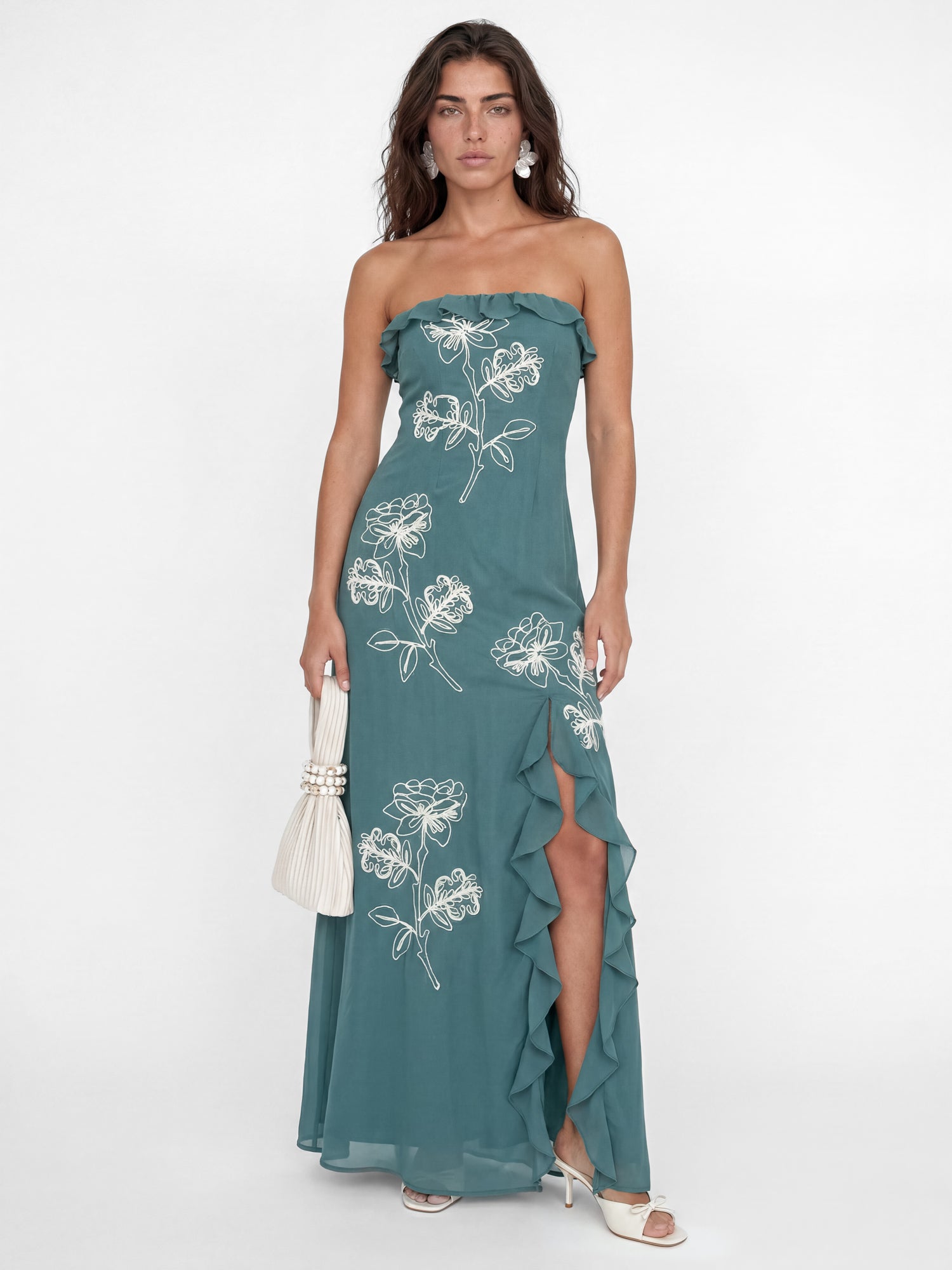 Maya Turquoise Floral Embroidered Bandeau Maxi Dress