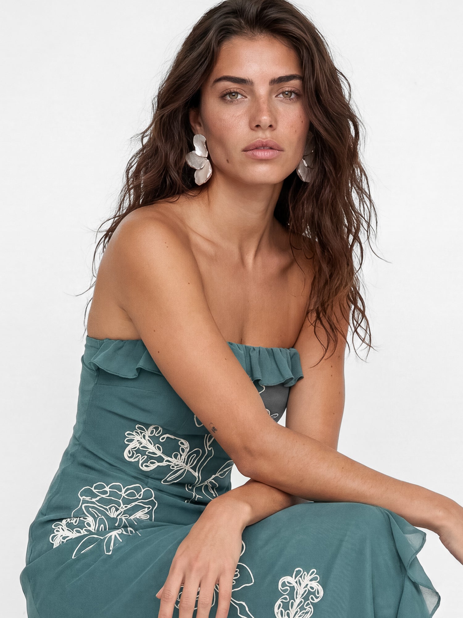 Maya Turquoise Floral Embroidered Bandeau Maxi Dress