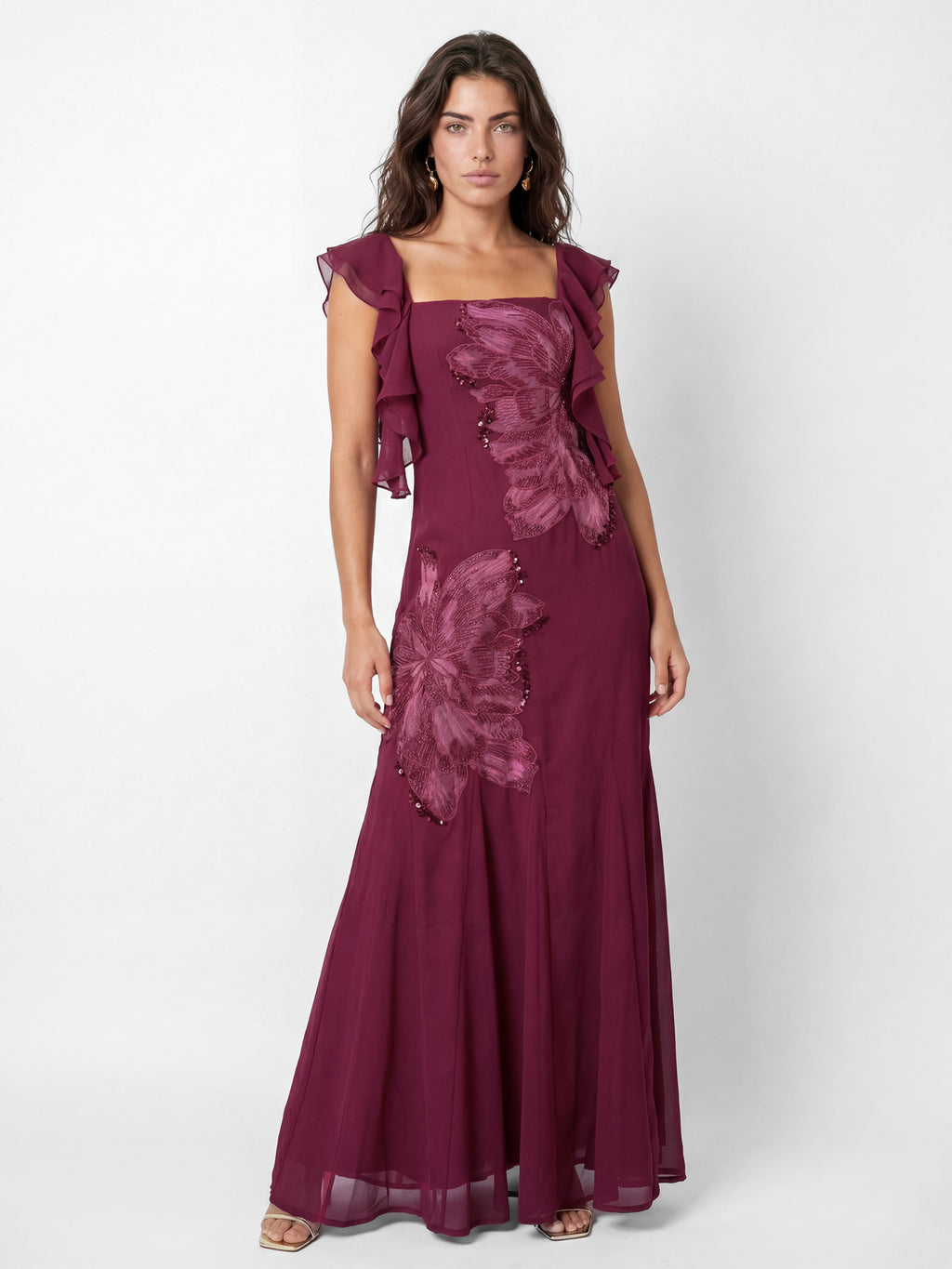 Maya Deep Pink Floral Embroidered Strappy Godet Maxi Dress