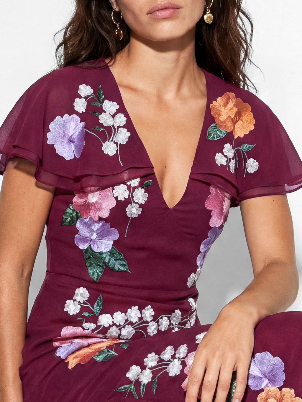 Maya Deep Pink Floral Embroidered Cape Sleeve Tie Back Maxi Dress