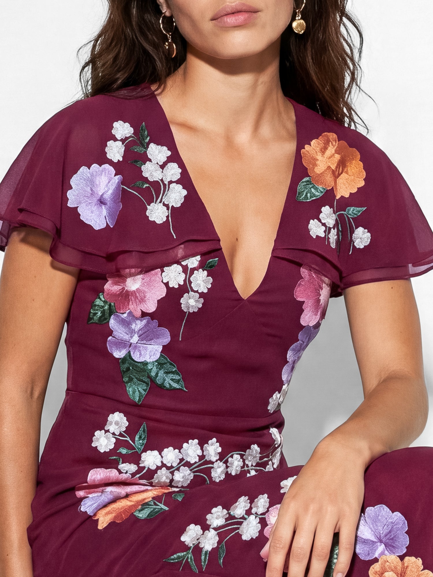 Maya Deep Pink Floral Embroidered Cape Sleeve Tie Back Maxi Dress