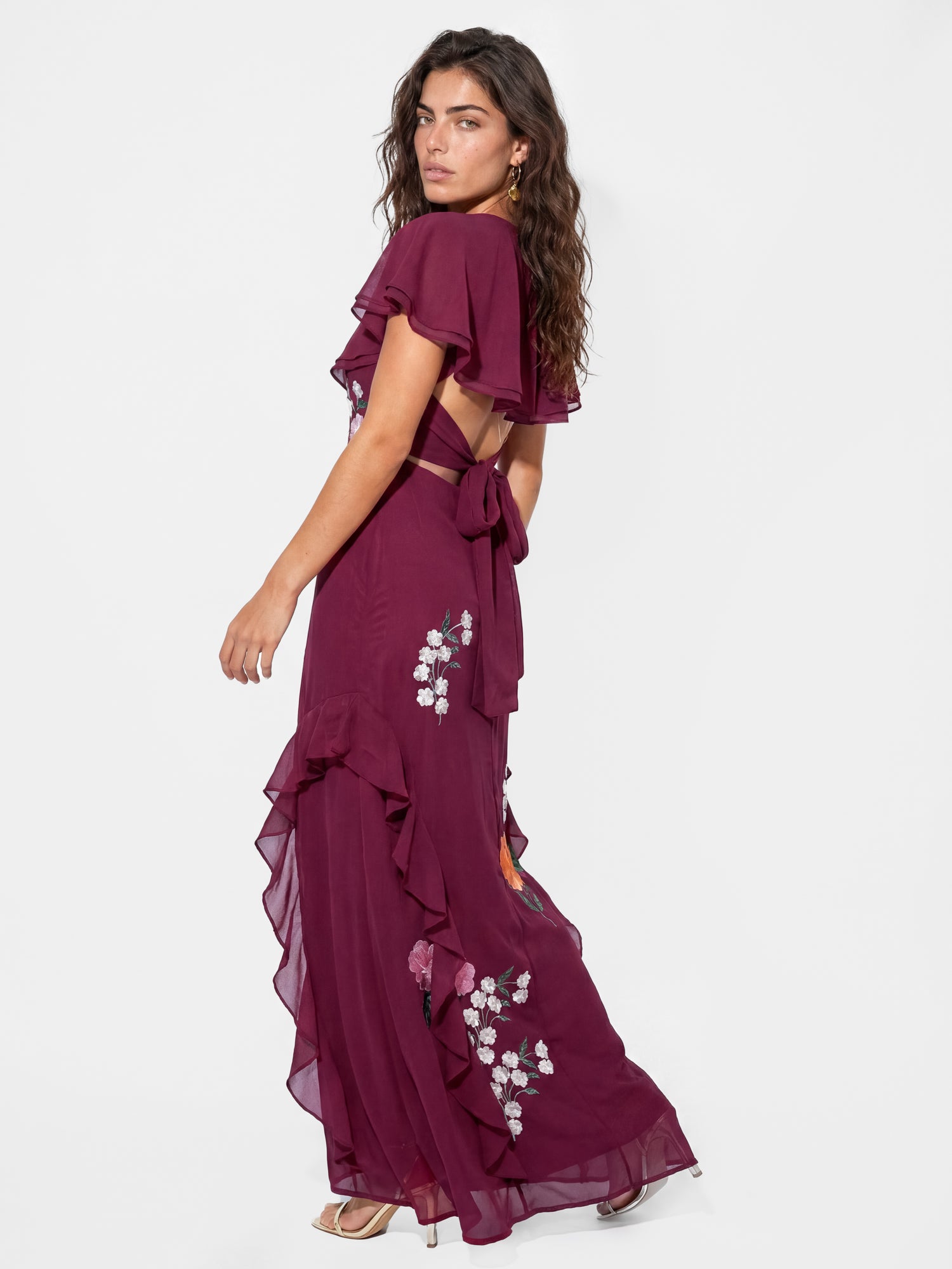 Maya Deep Pink Floral Embroidered Cape Sleeve Tie Back Maxi Dress