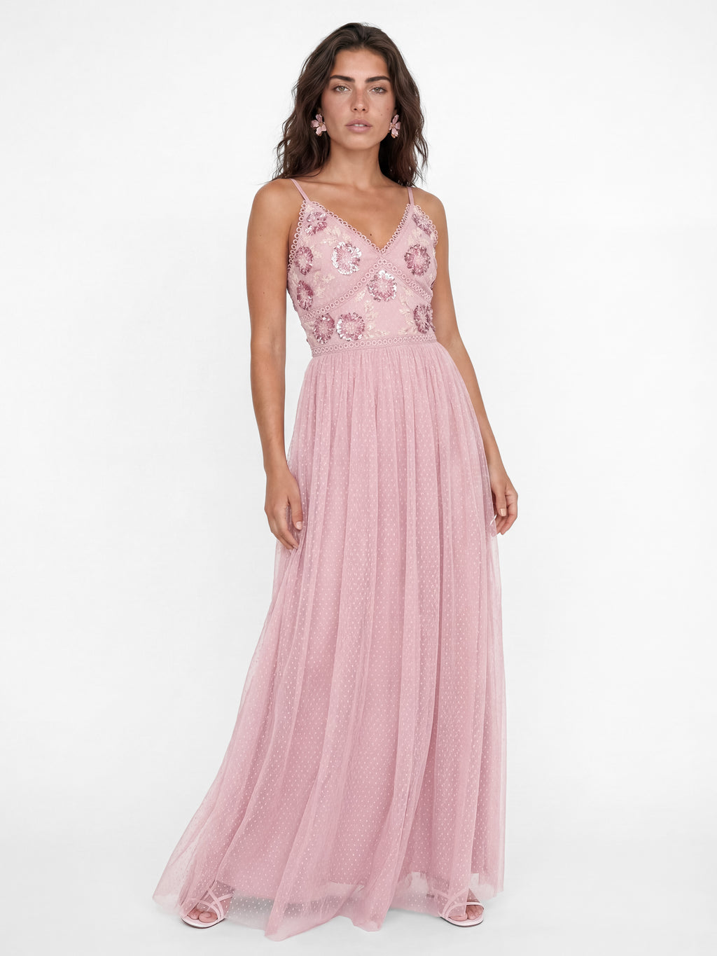 Maya Soft Pink Floral Embellished Spot Mesh Cami Maxi Dress