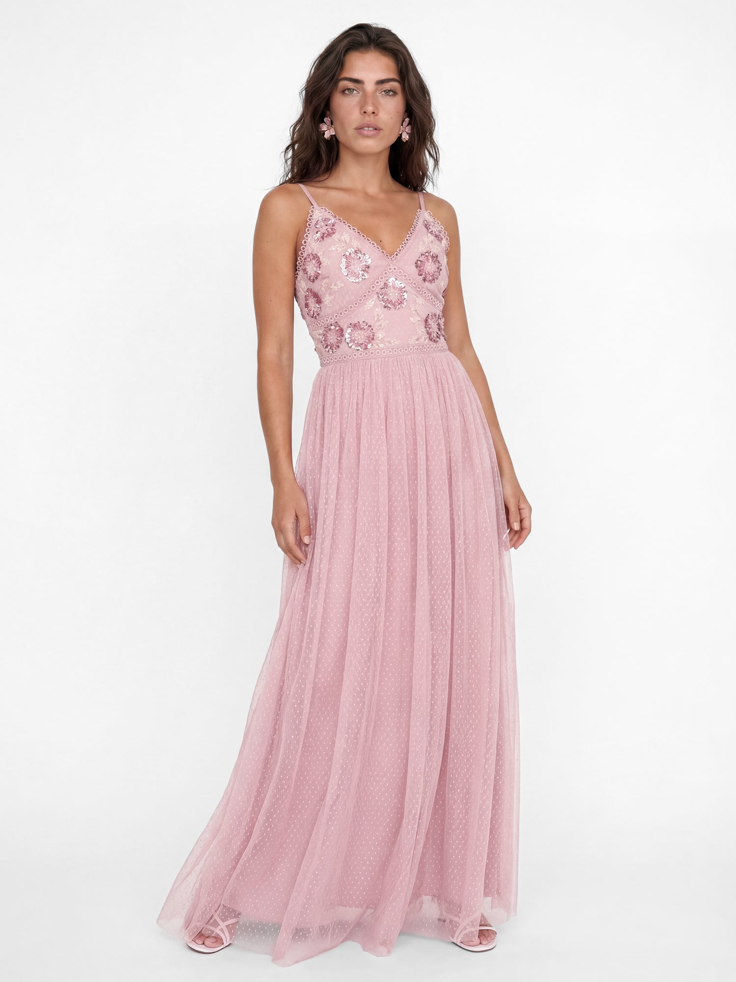 Maya Soft Pink Floral Embellished Spot Mesh Cami Maxi Dress