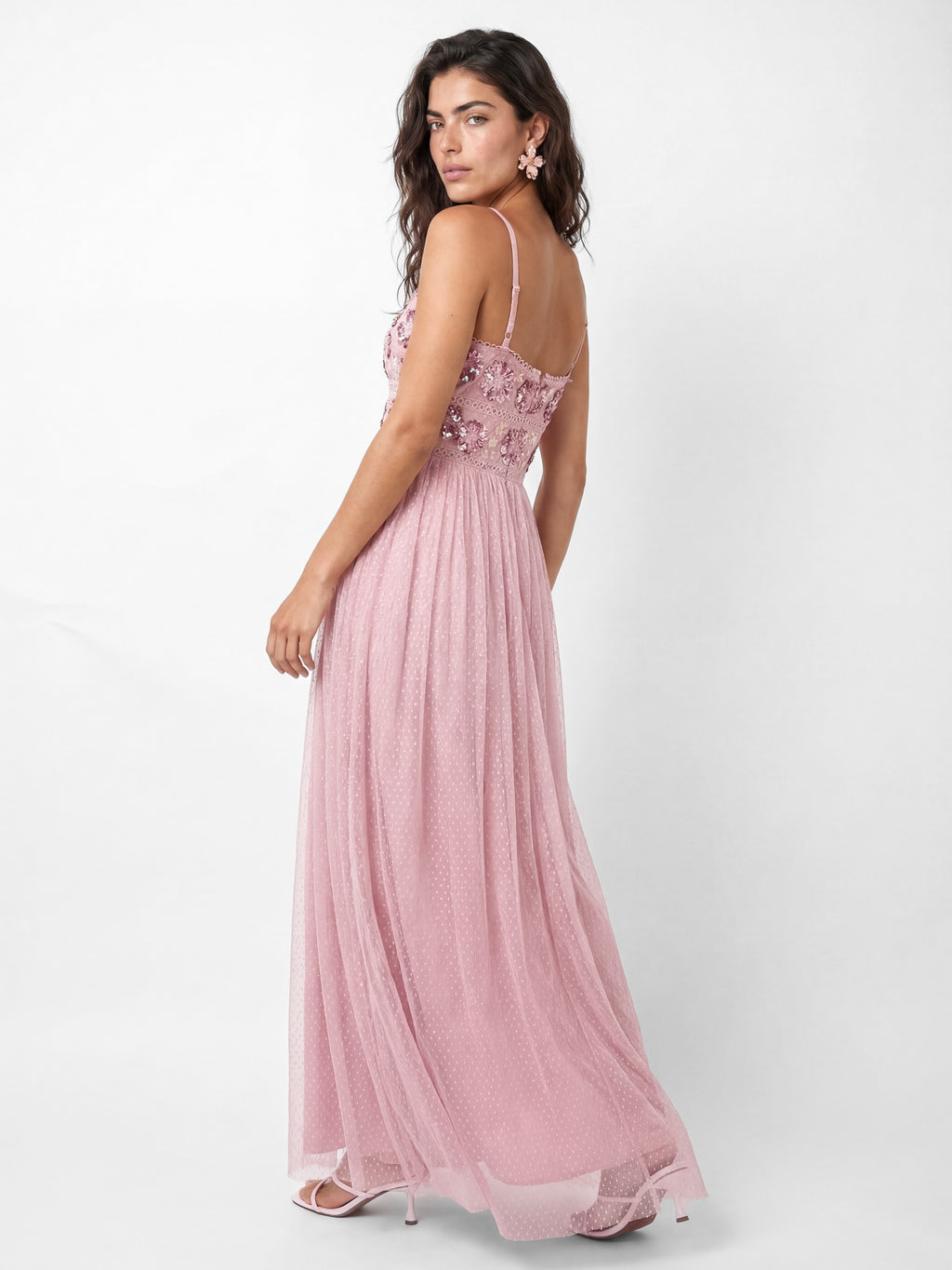 Maya Soft Pink Floral Embellished Spot Mesh Cami Maxi Dress