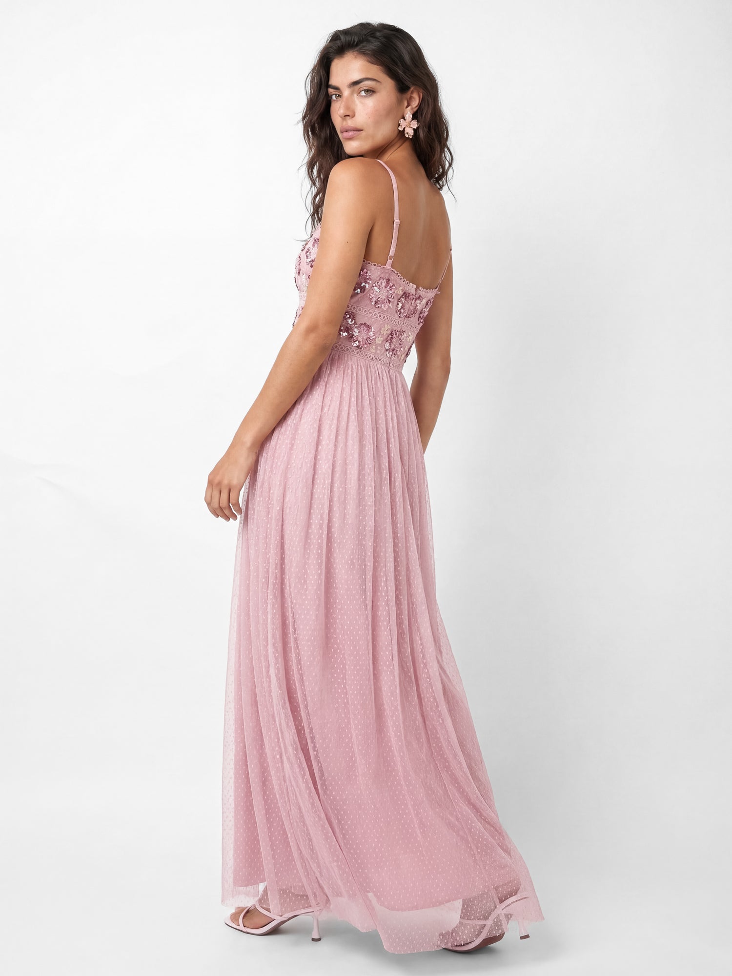 Maya Soft Pink Floral Embellished Spot Mesh Cami Maxi Dress