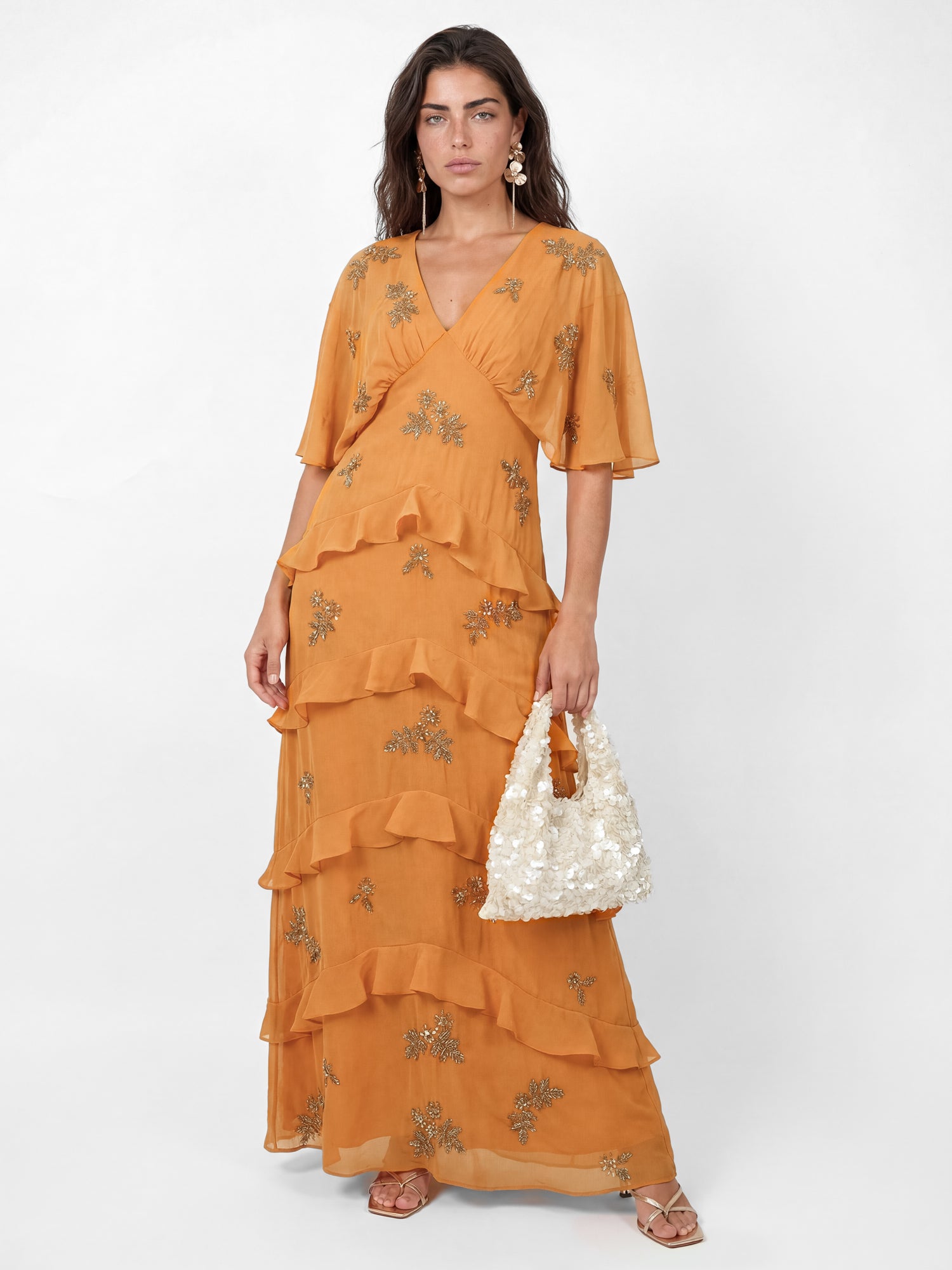 Maya Amber Floral Embellished V Neck Kimono Sleeve Ruffled Maxi Dress