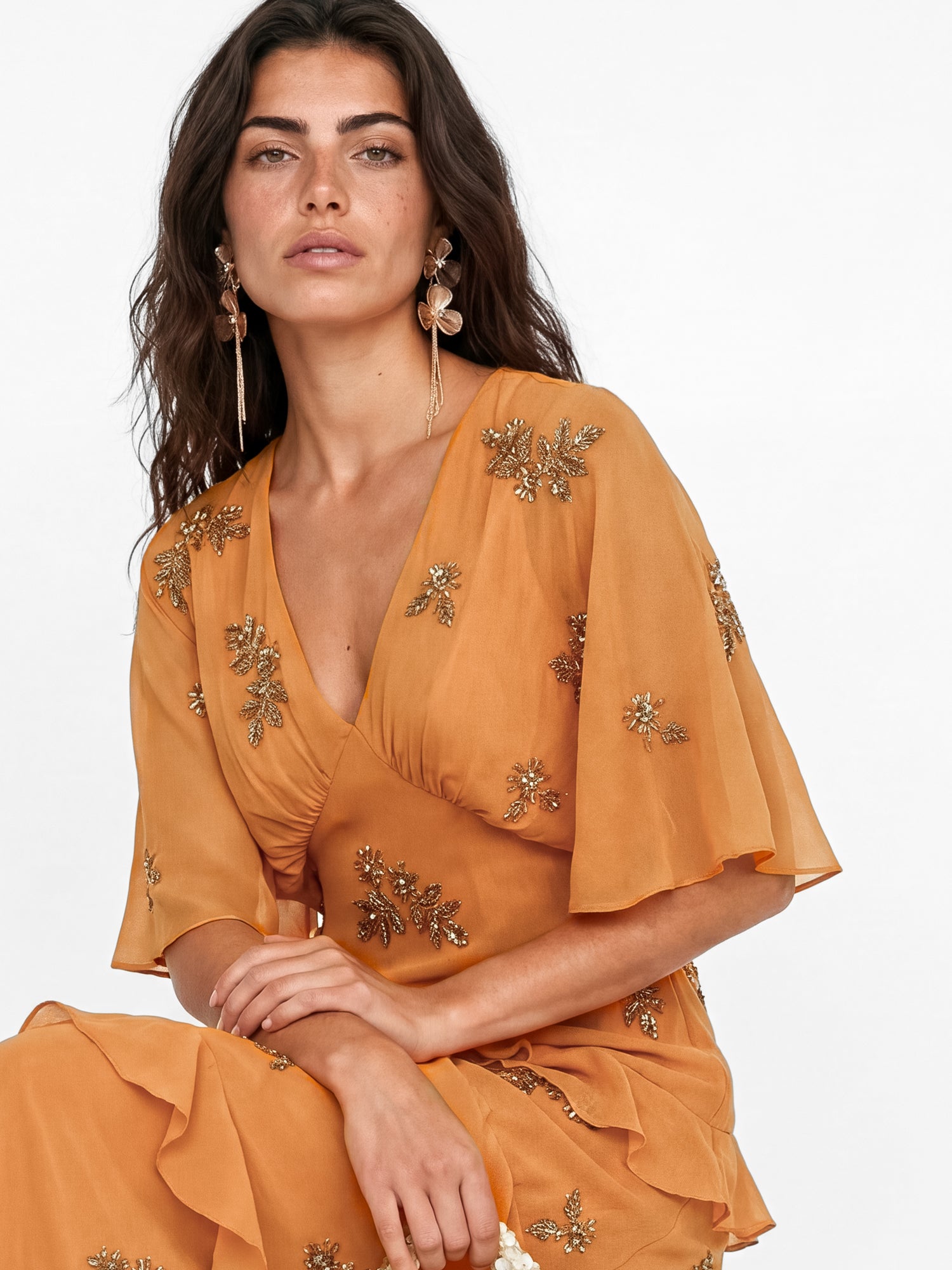 Maya Amber Floral Embellished V Neck Kimono Sleeve Ruffled Maxi Dress
