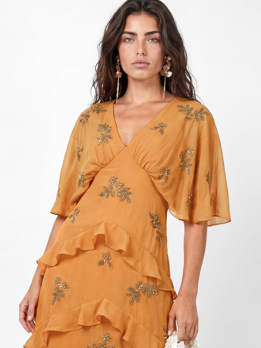 Maya Amber Floral Embellished V Neck Kimono Sleeve Ruffled Maxi Dress