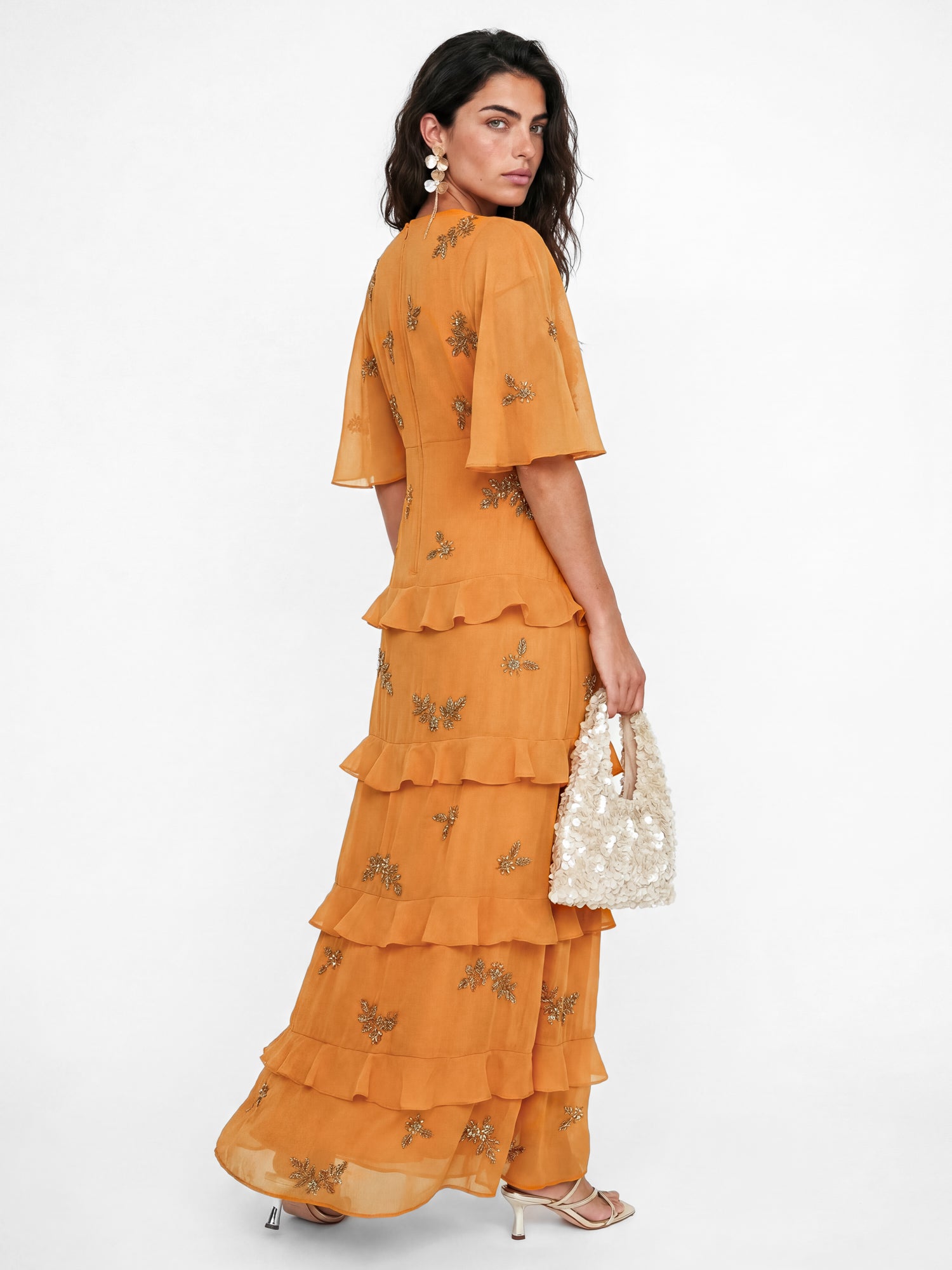 Maya Amber Floral Embellished V Neck Kimono Sleeve Ruffled Maxi Dress
