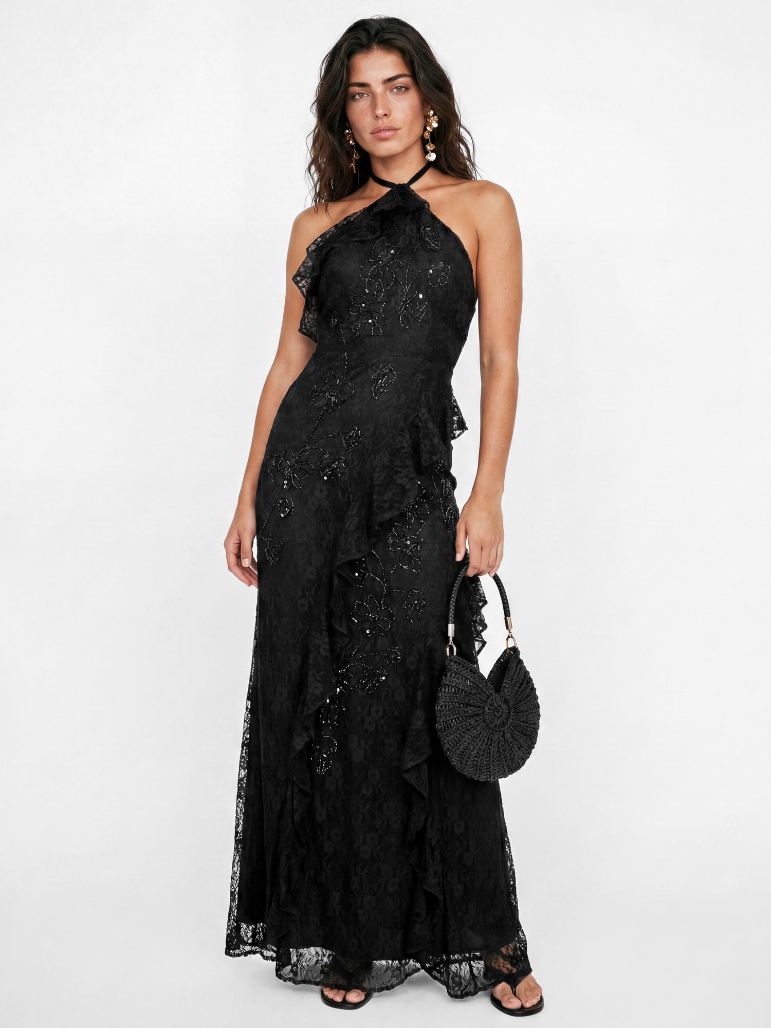 Maya Black Embellished Halter Neck Lace Maxi Dress