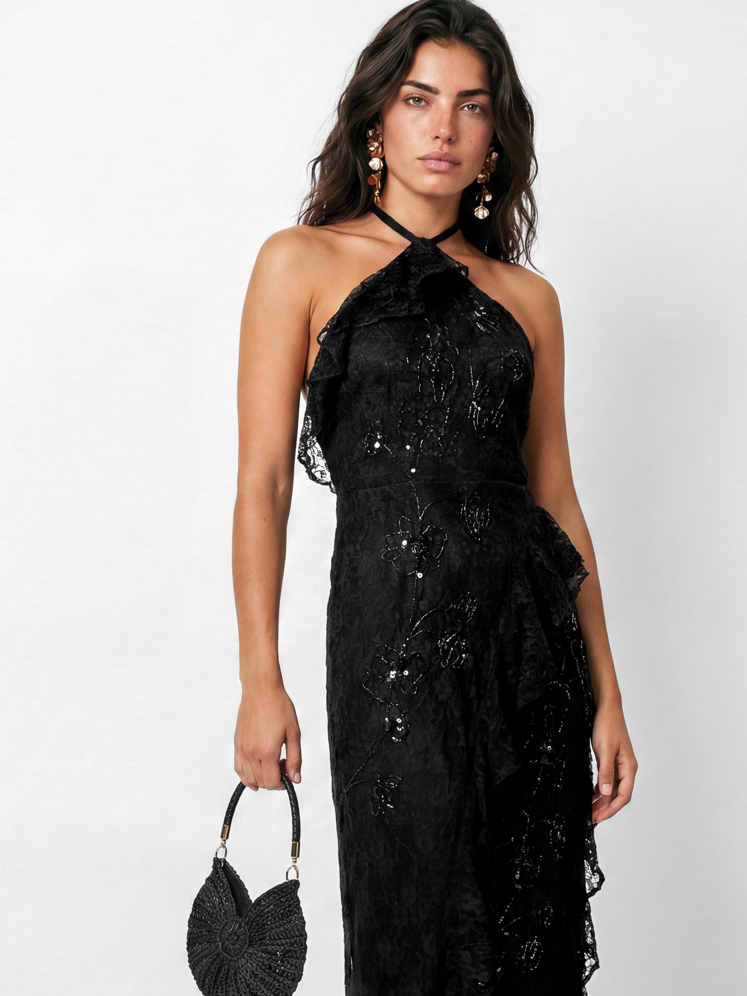 Maya Black Embellished Halter Neck Lace Maxi Dress