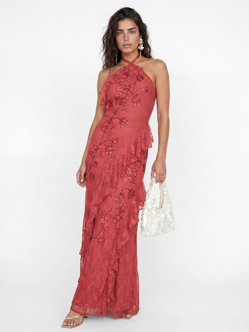 Maya Red Embellished Halter Neck Lace Maxi Dress