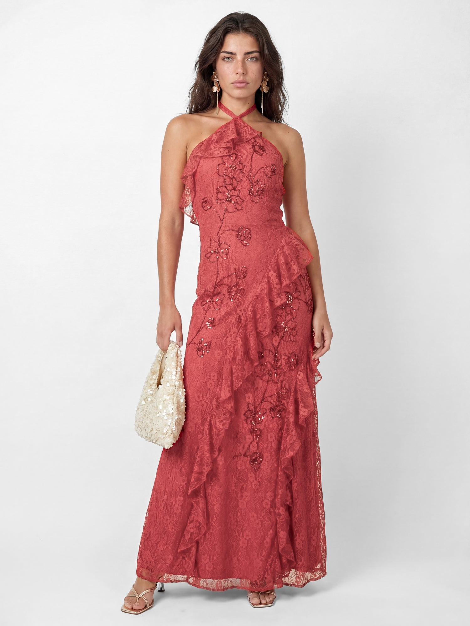 Maya Red Embellished Halter Neck Lace Maxi Dress