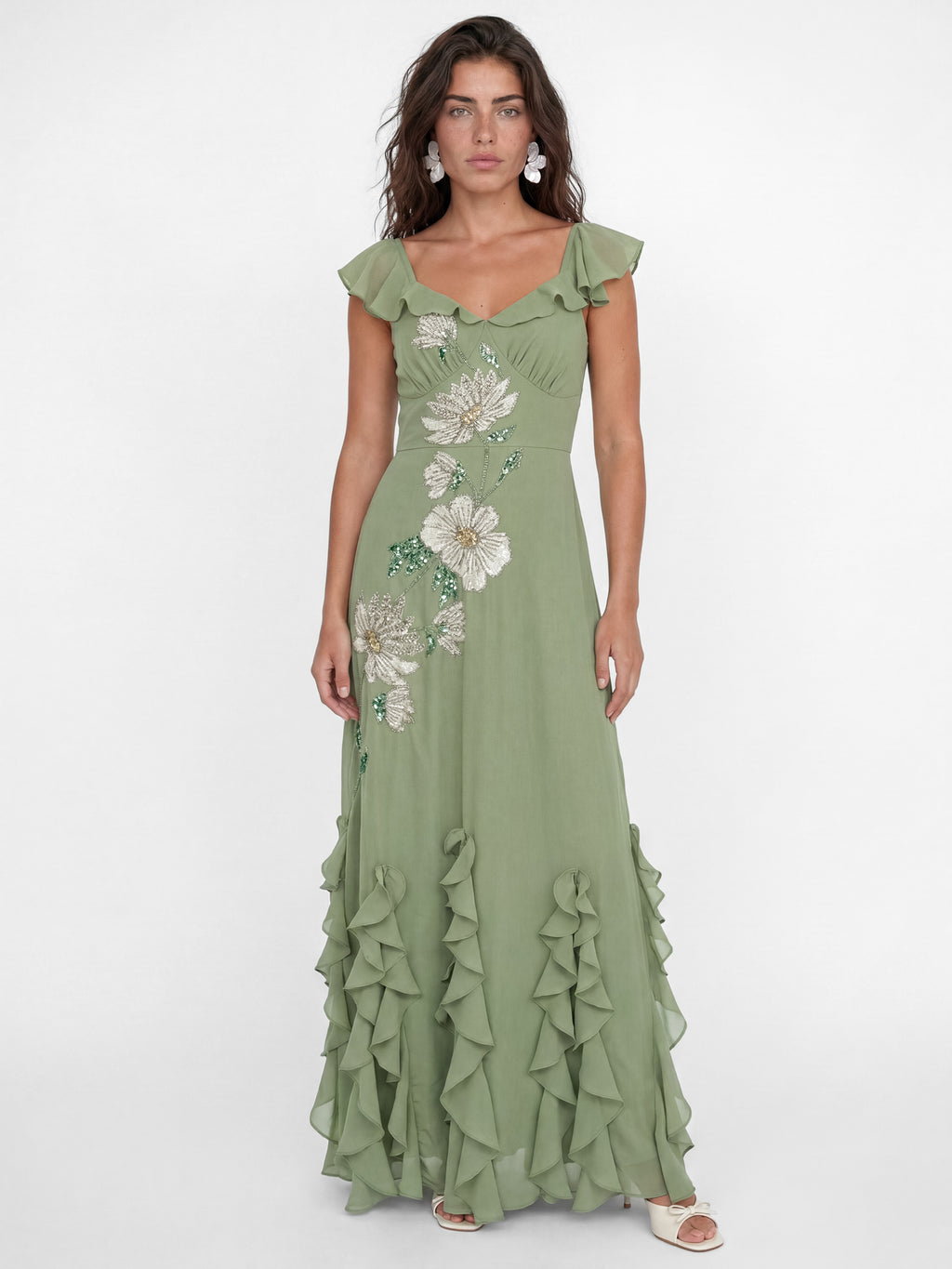 Maya Olive Sage Floral Embellished Waterfall Ruffle Maxi Dress