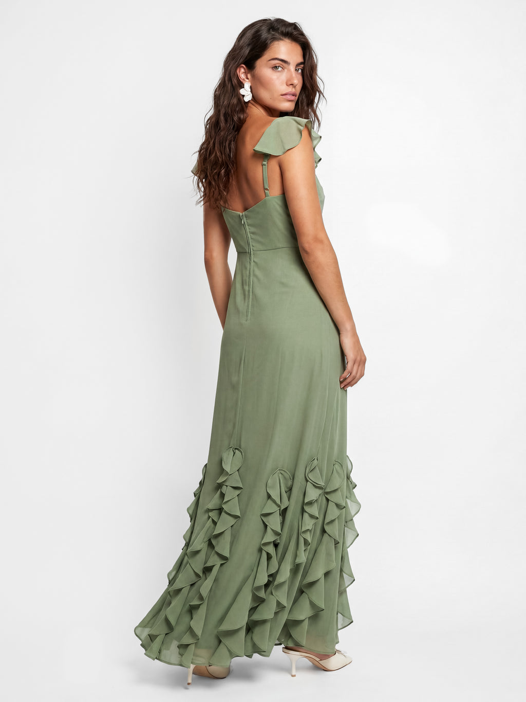 Maya Olive Sage Floral Embellished Waterfall Ruffle Maxi Dress