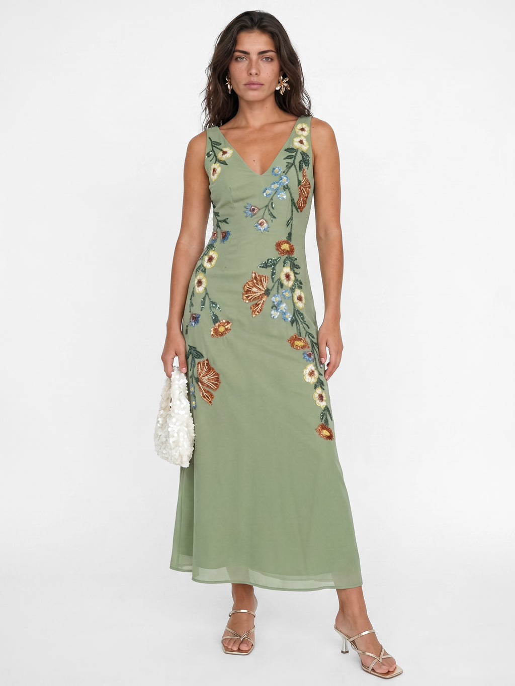 Maya Olive Sage Flower Embellished Tie Back Midaxi Slip Dress