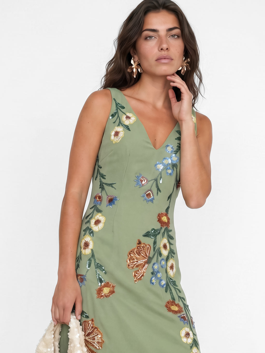 Maya Olive Sage Flower Embellished Tie Back Midaxi Slip Dress
