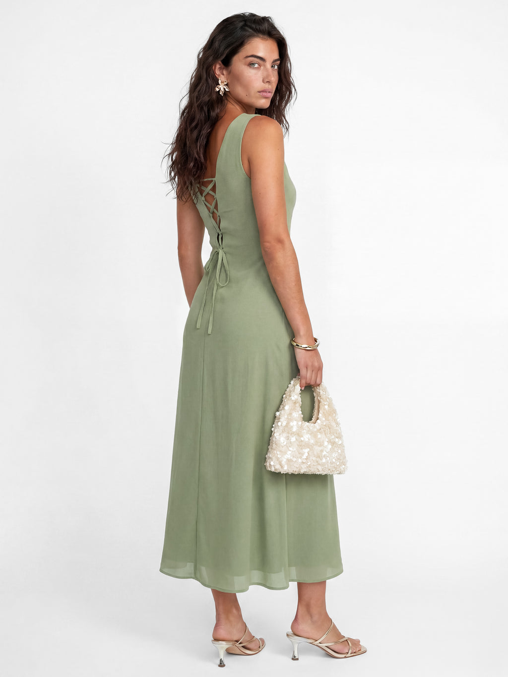 Maya Olive Sage Flower Embellished Tie Back Midaxi Slip Dress