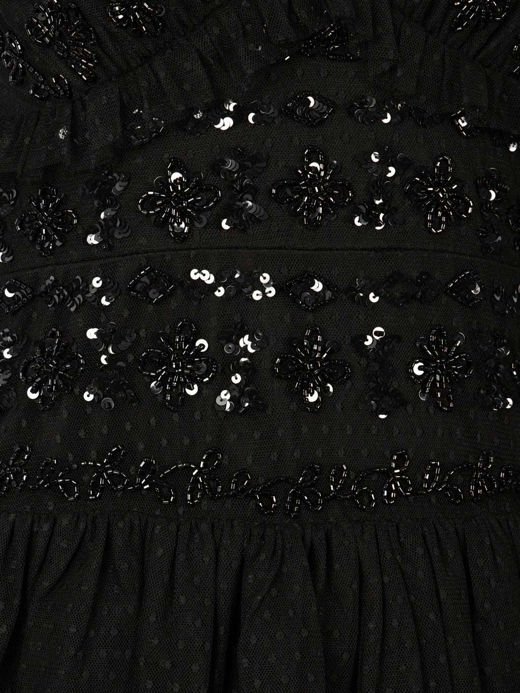 Maya Black Spot Mesh Embellished Flutter Sleeve Tiered Maxi Dress