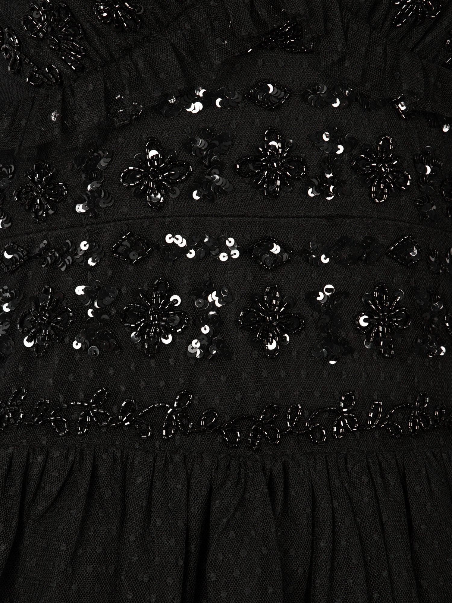 Maya Black Spot Mesh Embellished Flutter Sleeve Tiered Maxi Dress