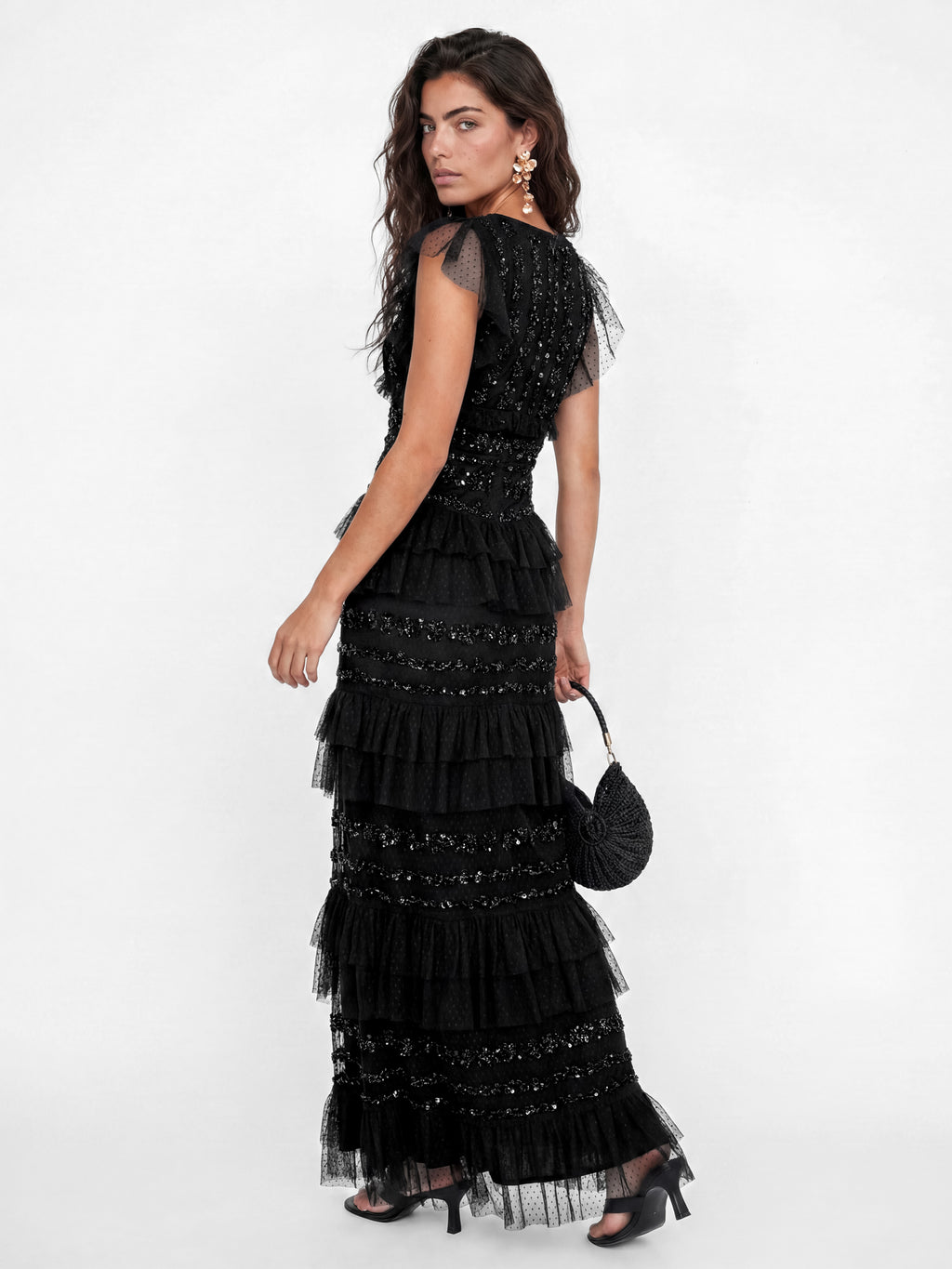 Maya Black Spot Mesh Embellished Flutter Sleeve Tiered Maxi Dress