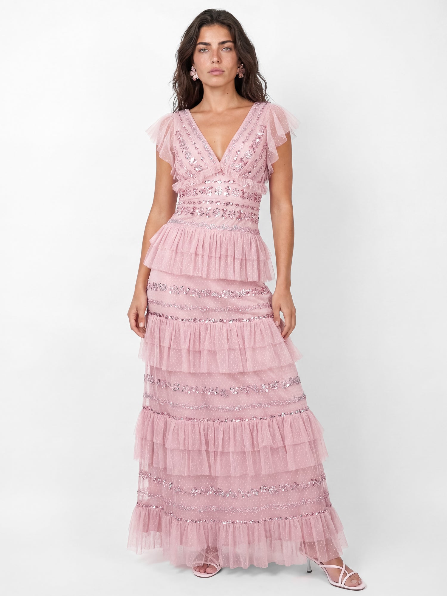 Maya Soft Pink Spot Mesh Embellished Flutter Sleeve Tiered Maxi Dress