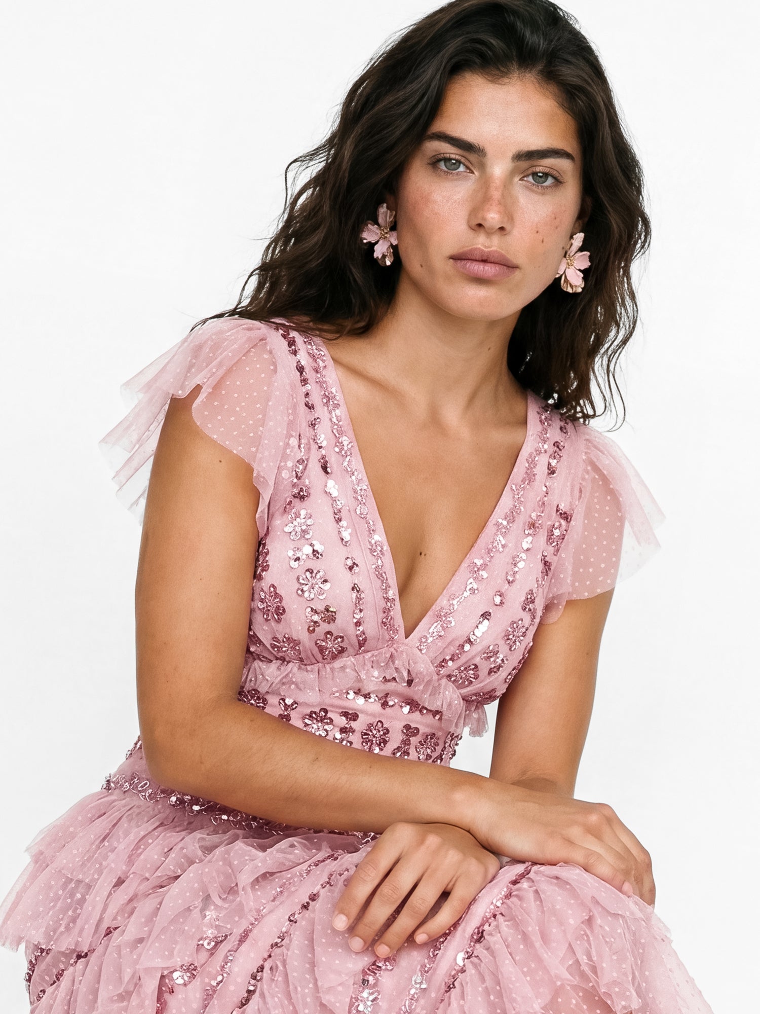 Maya Soft Pink Spot Mesh Embellished Flutter Sleeve Tiered Maxi Dress