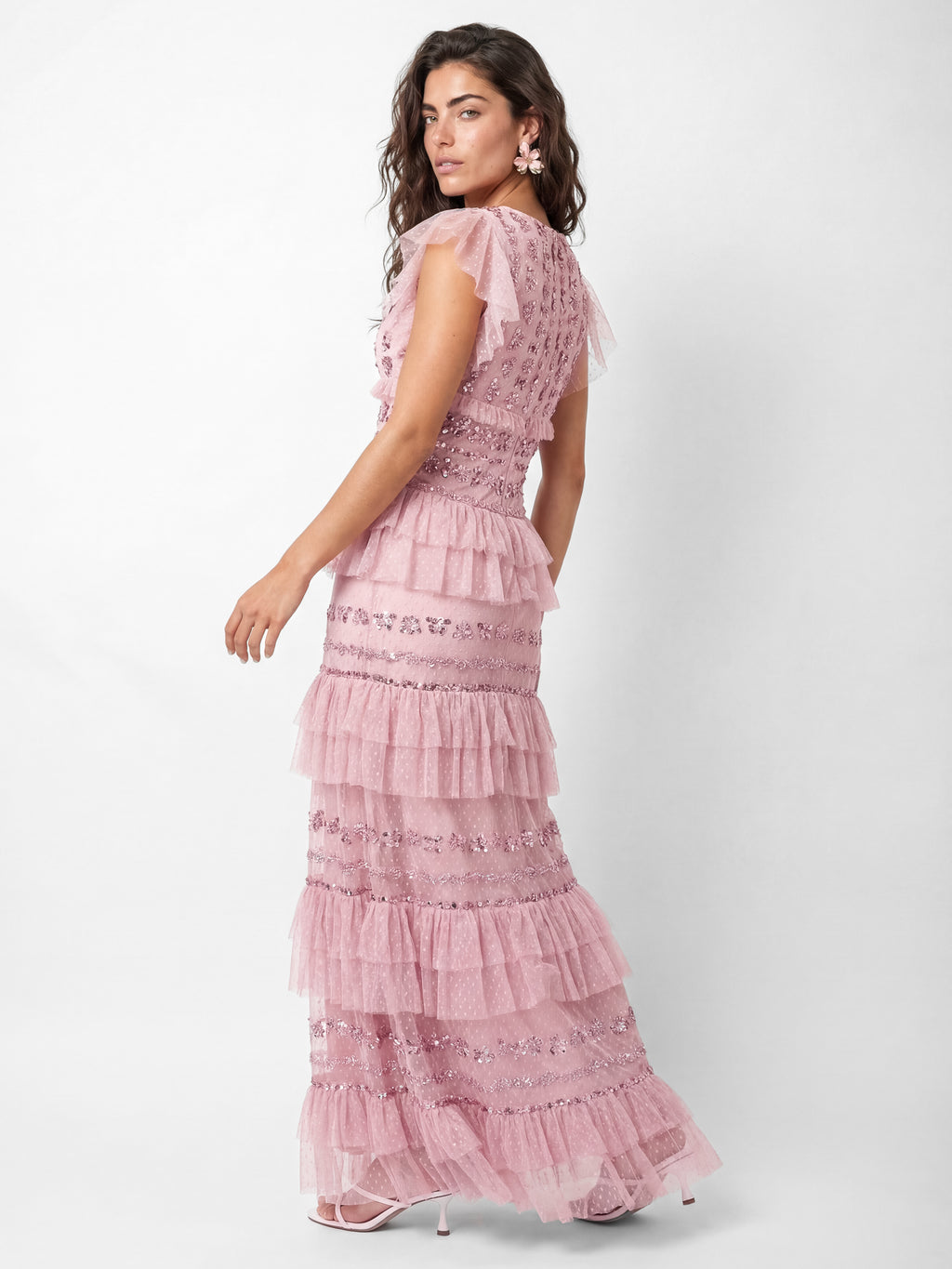 Maya Soft Pink Spot Mesh Embellished Flutter Sleeve Tiered Maxi Dress