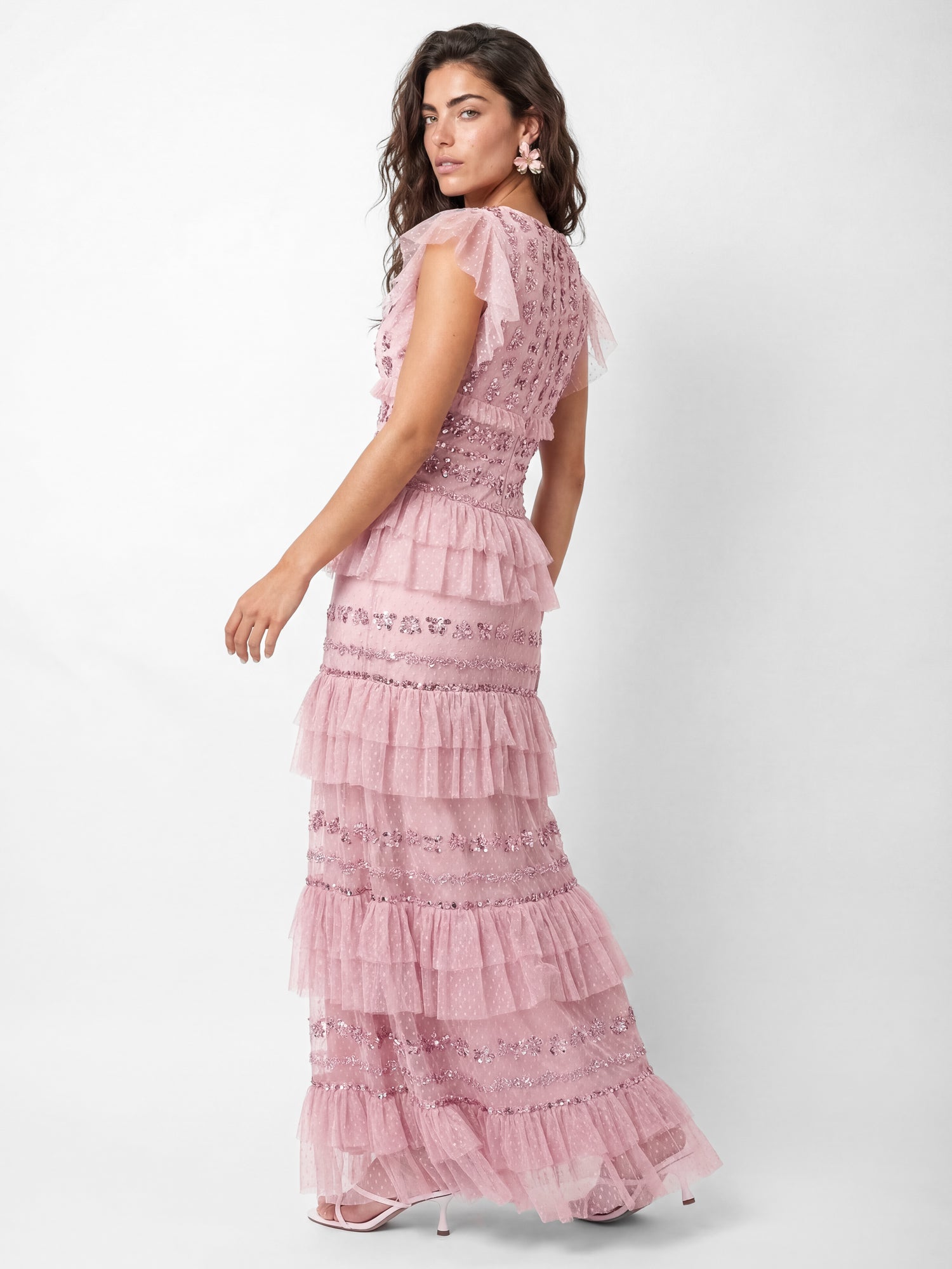 Maya Soft Pink Spot Mesh Embellished Flutter Sleeve Tiered Maxi Dress