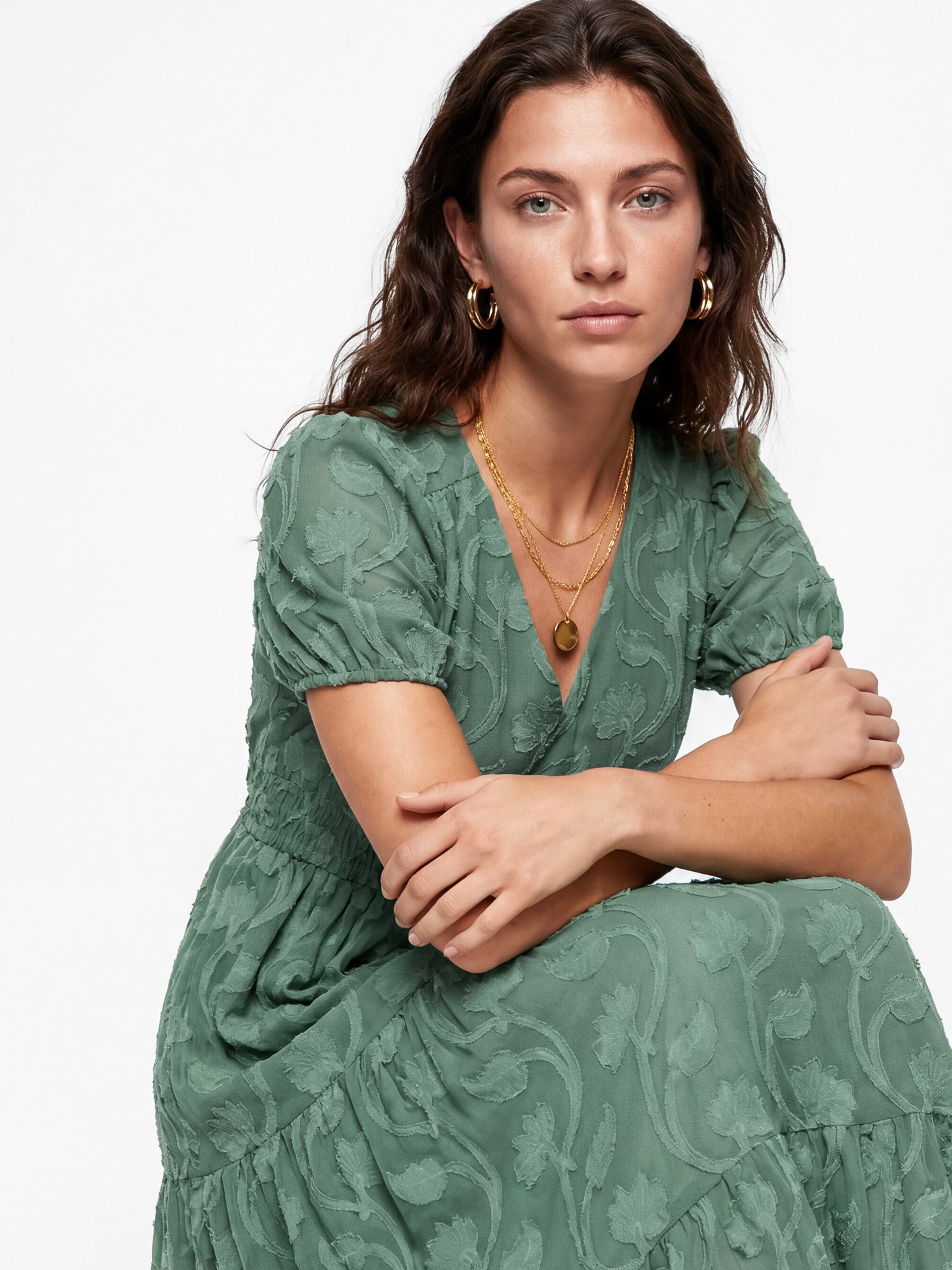 Lovedrobe Sea Green Short Sleeve Floral Burnout Midi Dress
