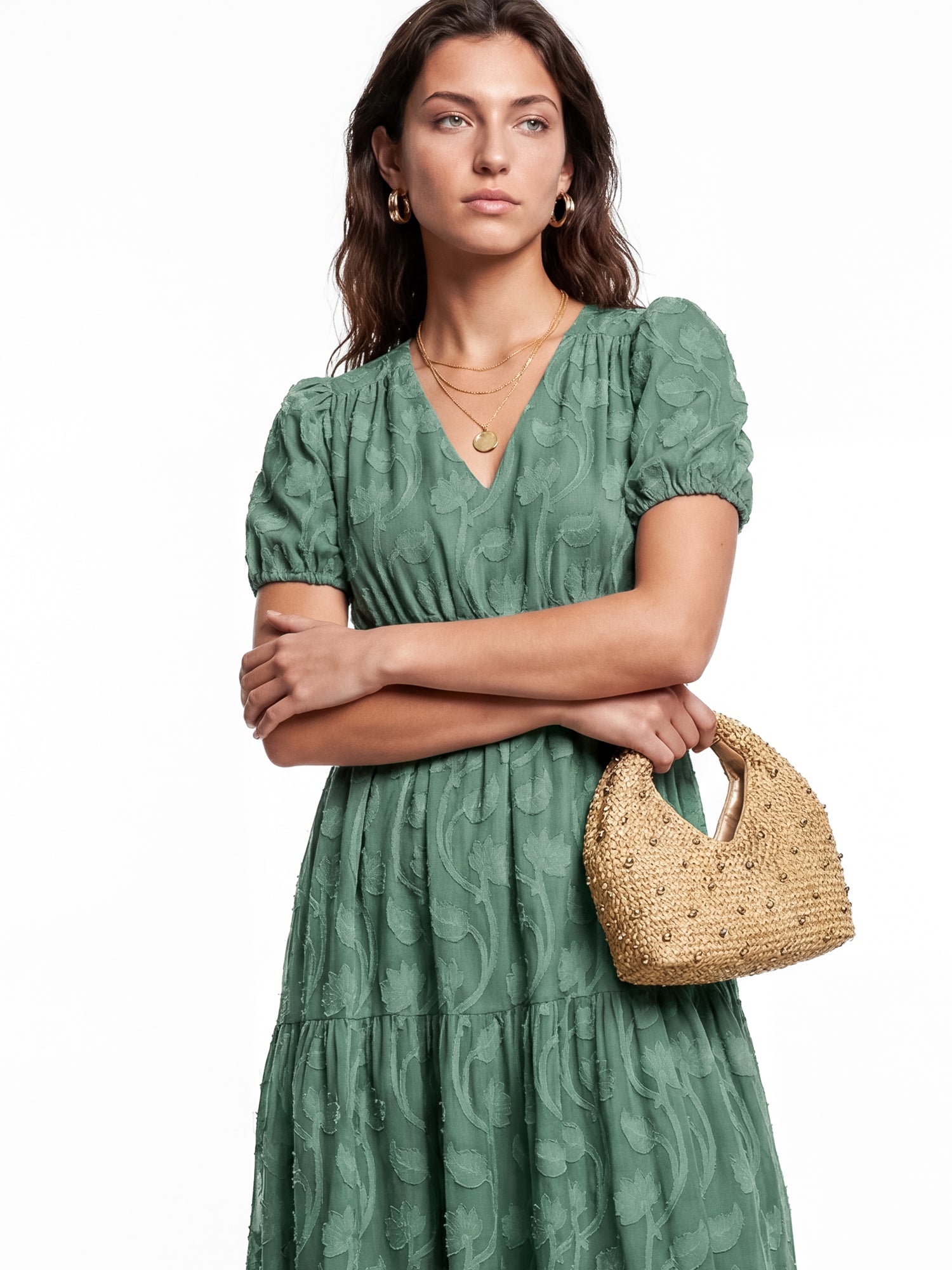 Lovedrobe Sea Green Short Sleeve Floral Burnout Midi Dress