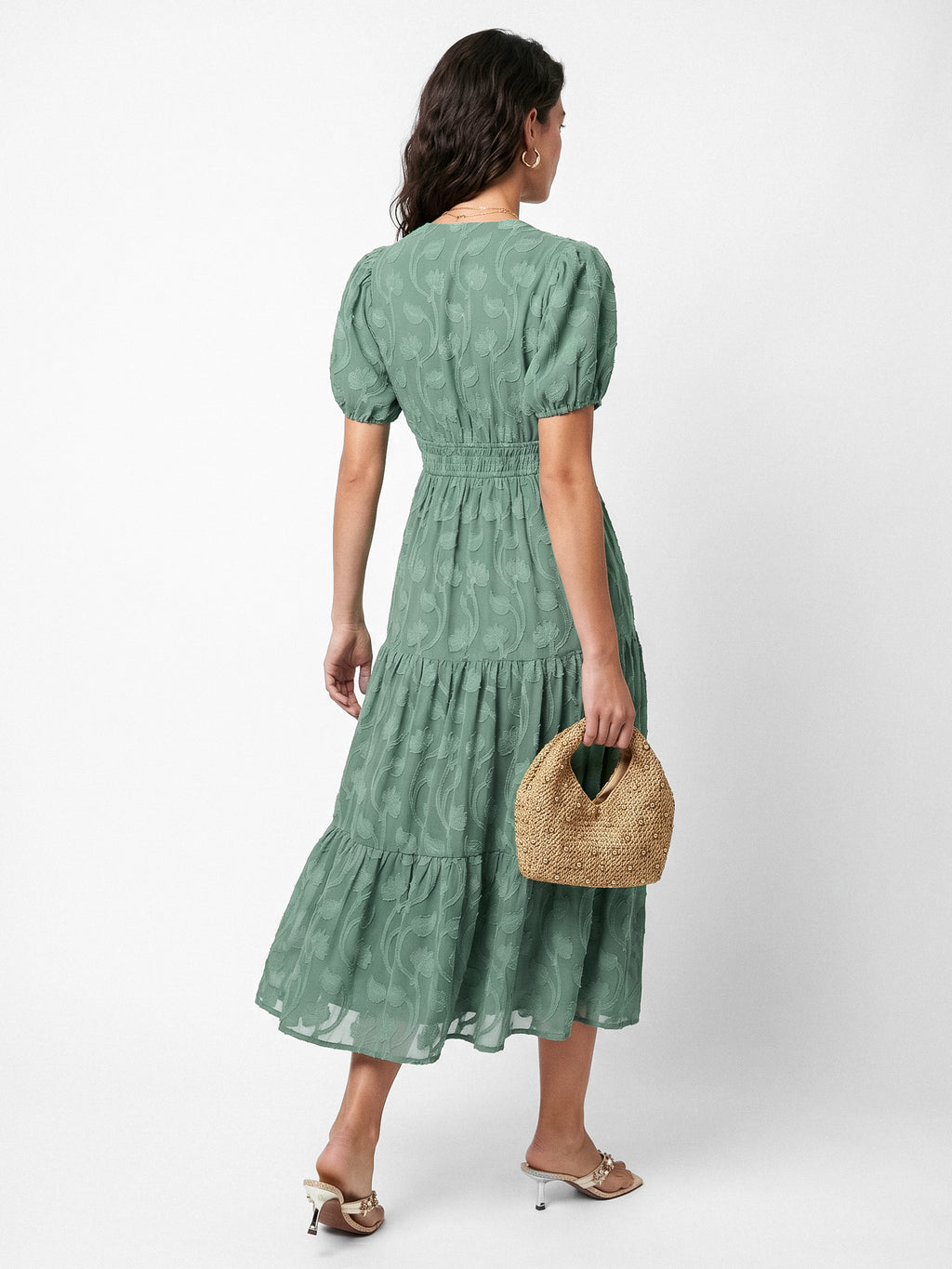 Lovedrobe Sea Green Short Sleeve Floral Burnout Midi Dress